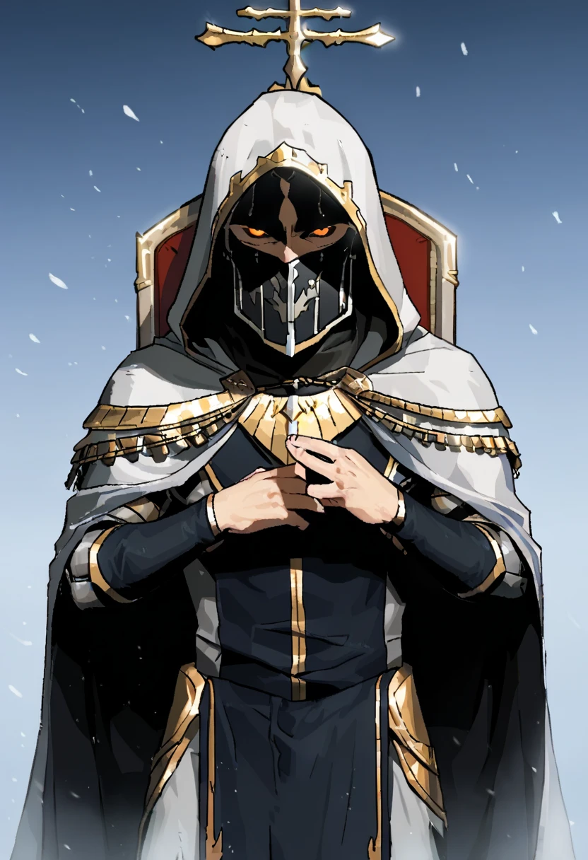score_9 BREAK gogalking style, the Leper King, Baldwin IV of Jerusalem, draped in royal finery yet, his frail form concealed beneath flowing robes of deep blue and gold, silver armor glinting beneath the fabric, his face hidden behind the iconic silver mask, and a white hood that covers most of his head, he sits on his throne, silver metal mask