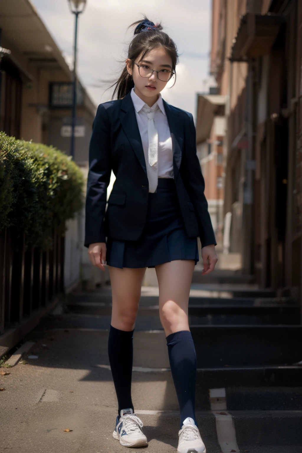 photorealistic, ultra realistic, masterpiece,Two female middle school students with the exact same clone walk in,Long thighs,(((Knee-high socks))),((( navy blue micro mini skirt ))),ultra short miniskirt,navy blue blazer,Sneakers,red student tie,black hair ponytail,glasses, carry a backpack,Height: 160cm,((7 heads))
