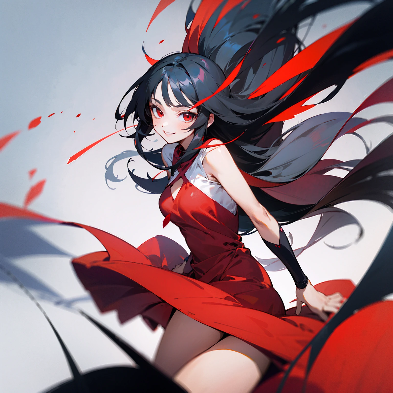 ((highest quality)), ((masterpiece)), (be familiar with),One female,Black Hair,Red eyes,Red and white dress,Chest tattoo, Bewitching Smile,High heels,Black Hair,Hair tied around the neck,Blue shawl,Erect nipples,(whole body),Slanted Eyes