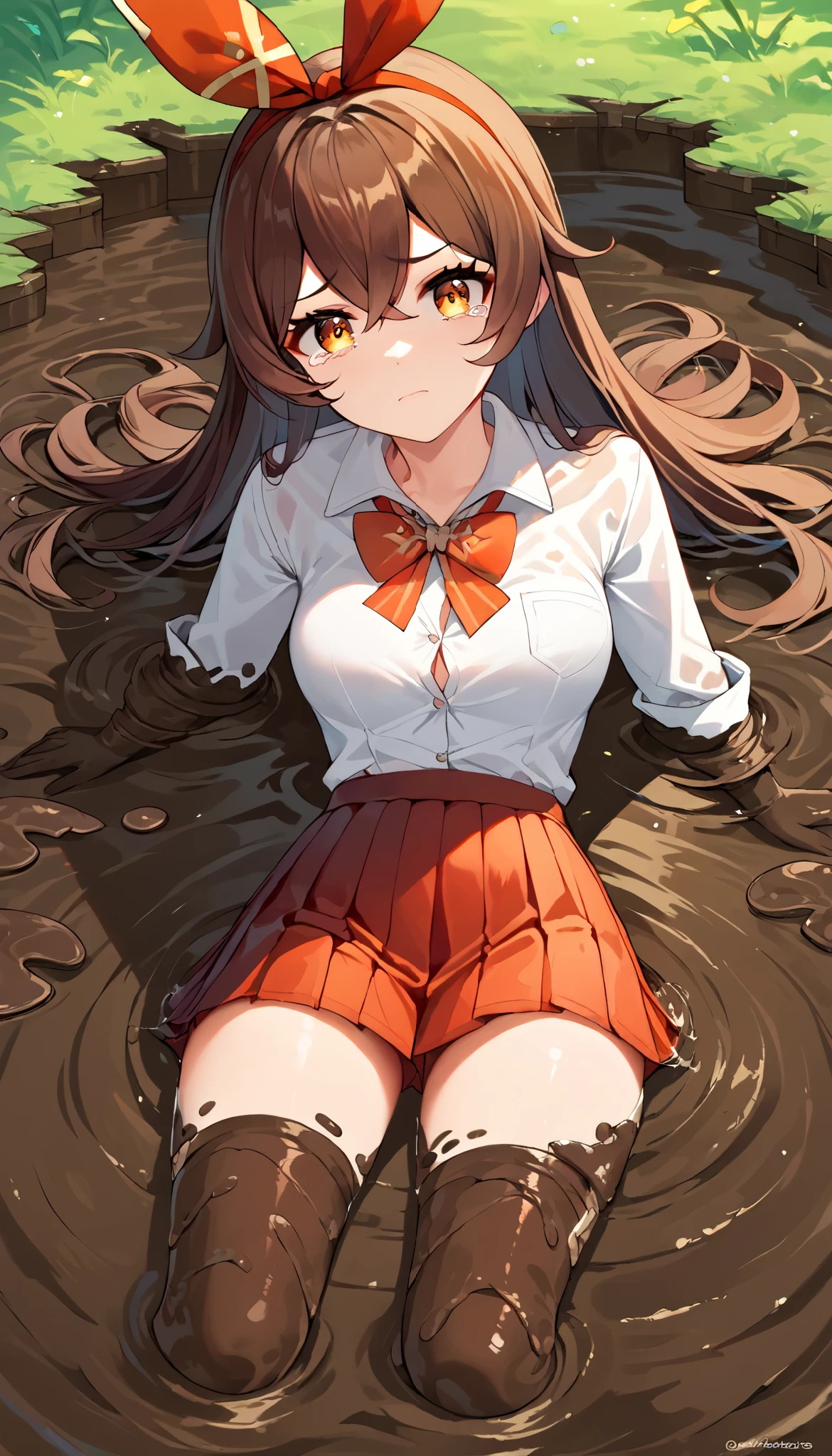score_9, score_8_up, score_7_up,source_anime, high res image,masterpiece,best quality,girl,cute face,clear skin,amber_genshin, white button-up shirt, pleated black miniskirt, looking at viewer, upset, tears in her eyes, (sinking in mud, partially submerged), school field