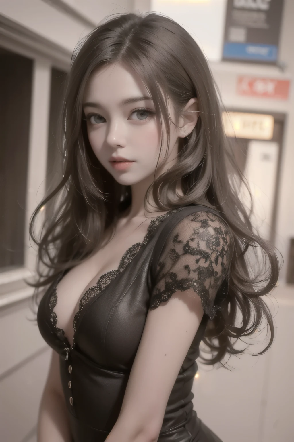 （raining day：1 silver-haired girl, Girl）， tmasterpiece， best qualtiy， RAW photogr， realisticlying， the face， Incredibly Ridiculous res， Beautiful elf beauty， ear studs，Get wet all over， (short, Silver-black hair)，Office Lady，office lady uniform，lacy stockings，high-heels,Collar,leg loops，depth of fields， A high resolution， ultra - detailed， filigree， RAWE is very detailed， very detailed eyes and faces， Sharp pupils， realistic pupil， tack sharp focus， cinmatic lighting，full bodyesbian，Bigboobs，long leges，From the front side，Main street on a rainy day，dynamicposes