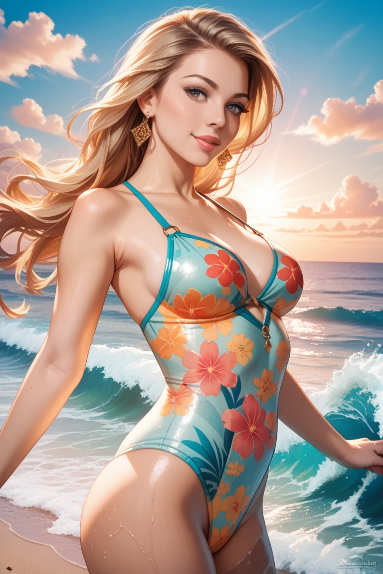 Beautiful Graphic illustration of happy (Margot Robbie as Barbie) splash colors, graphic design. digital art