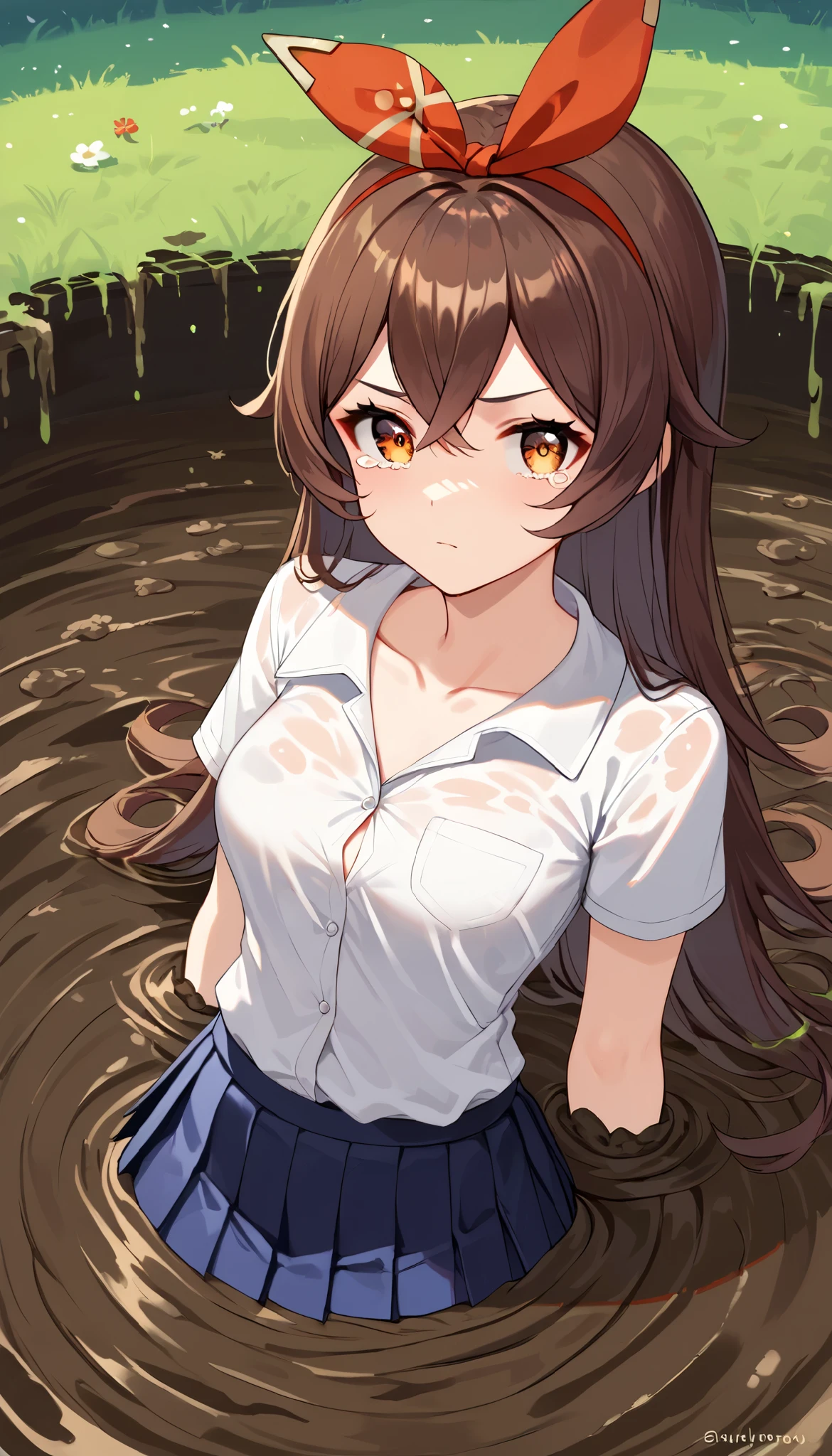 score_9, score_8_up, score_7_up,source_anime, high res image,masterpiece,best quality,girl,cute face,clear skin,amber_genshin, white button-up shirt, pleated black miniskirt, looking at viewer, upset, tears in her eyes, (sinking in mud, partially submerged), school field, standing, collarbone