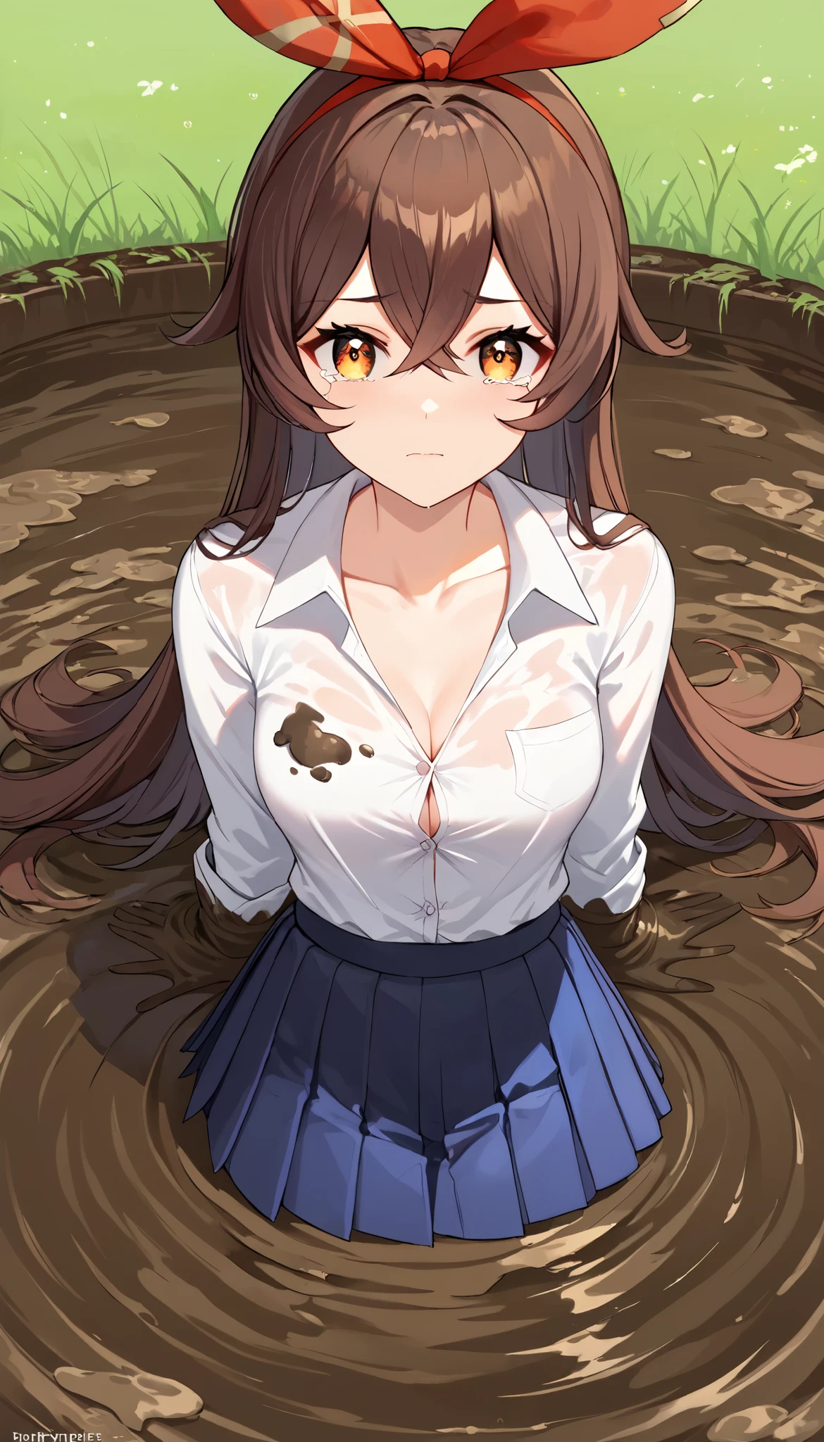 score_9, score_8_up, score_7_up,source_anime, high res image,masterpiece,best quality,girl,cute face,clear skin,amber_genshin, white button-up shirt, pleated black miniskirt, looking at viewer, upset, tears in her eyes, (sinking in mud, partially submerged), school field, standing, collarbone