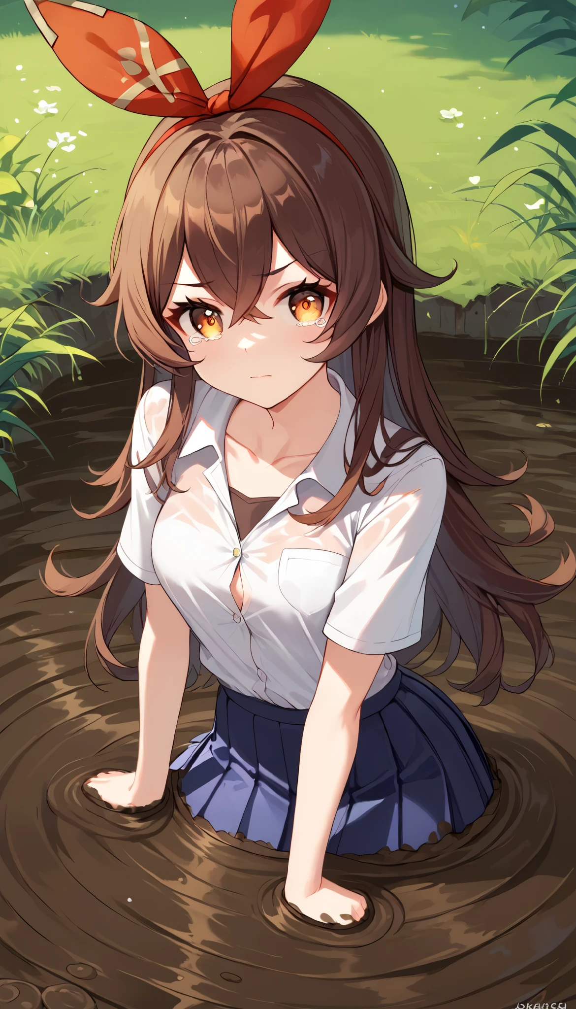 score_9, score_8_up, score_7_up,source_anime, high res image,masterpiece,best quality,girl,cute face,clear skin,amber_genshin, white button-up shirt, pleated black miniskirt, looking at viewer, upset, tears in her eyes, (sinking in mud, partially submerged), school field, standing, collarbone