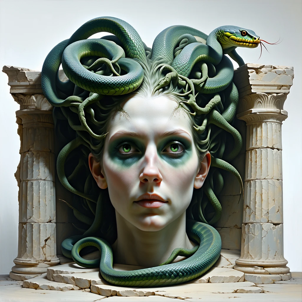 line drawing, showcasing medusa crown of snakes, snake crown, Stone Subjects: Statues of warriors turned to stone by Medusa’s gaze, bowing before her. expressive cross hatch animated 90s style ink figures, unfinished sketch,