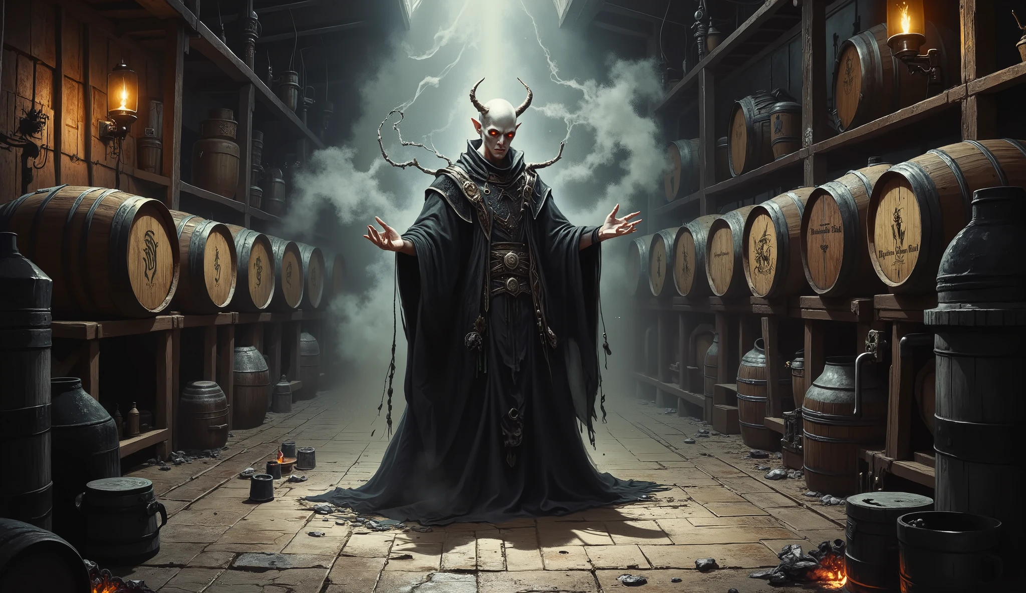 a red-eyed albino necromancer performs a necromantic ritual in his medieval brewery to create a black beer