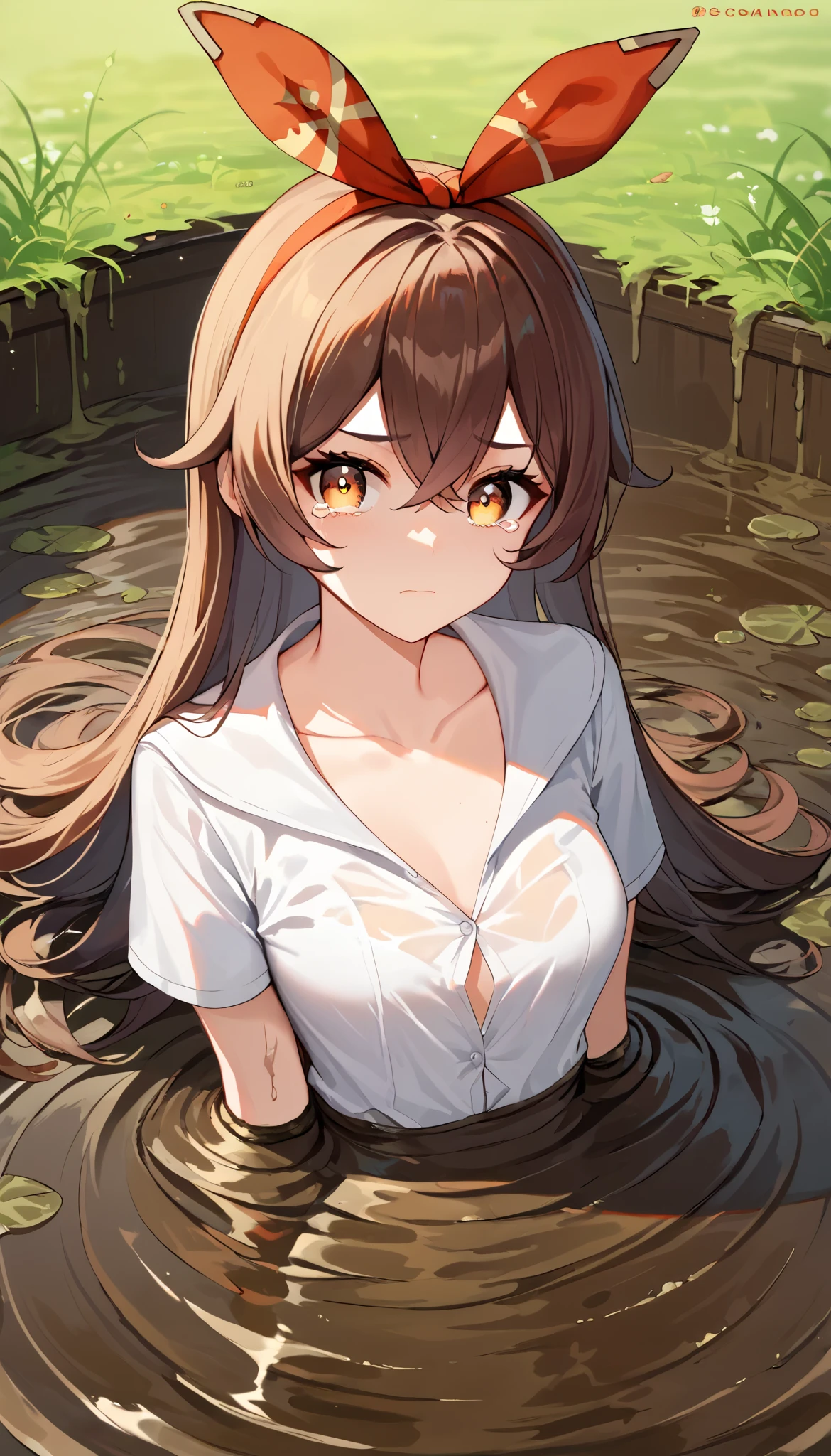 score_9, score_8_up, score_7_up,source_anime, high res image,masterpiece,best quality,girl,cute face,clear skin,amber_genshin, white button-up shirt, looking at viewer, upset, tears in her eyes, (sinking in mud, partially submerged), school field, standing, collarbone