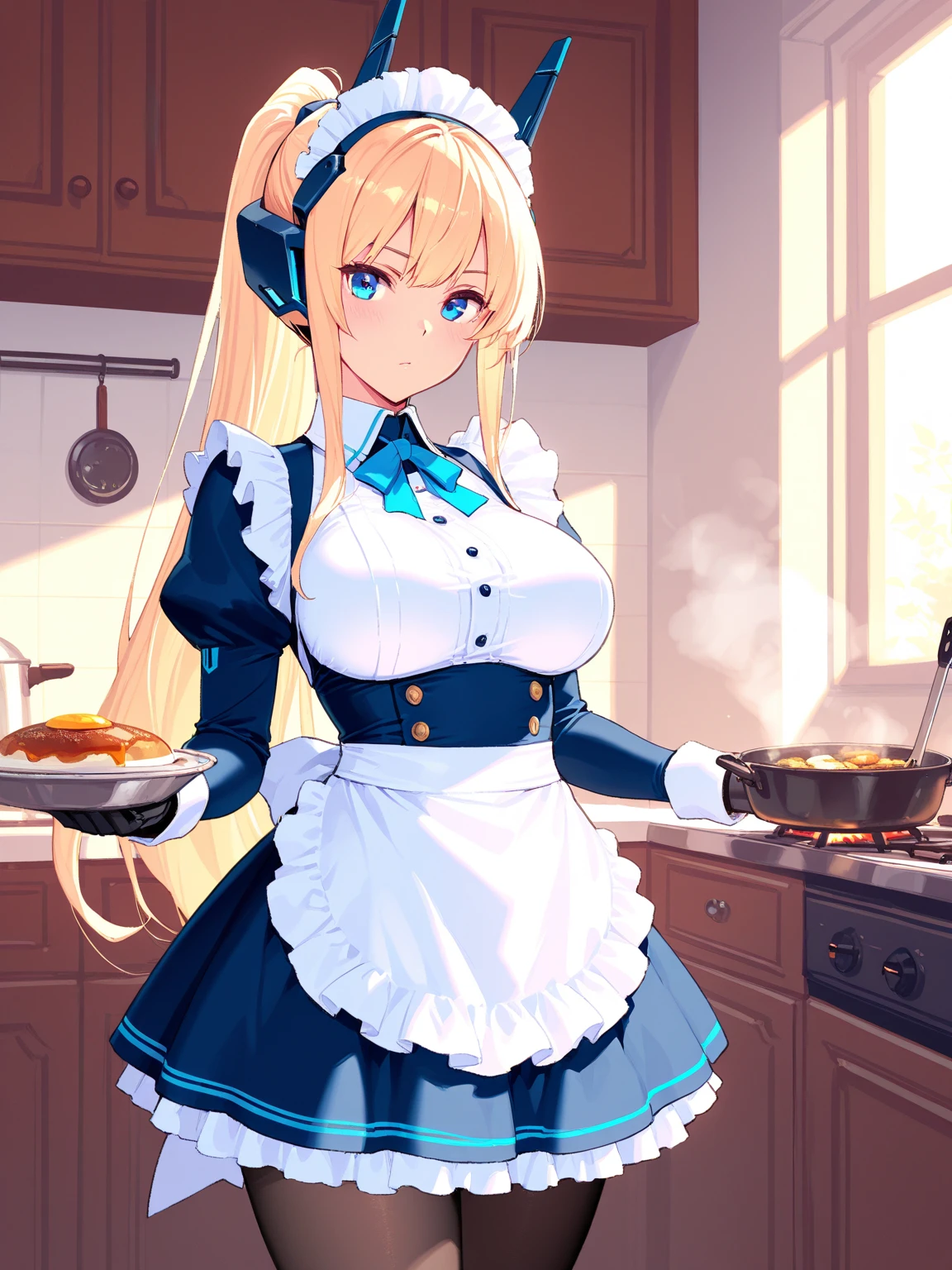 1 girl, (Chiquita:1.2), Kaho Hinata, twin tails, head scarf, waitress, frills, blue shirt, waist apron, big breasts, blue skirt, white gloves, (close shot, highest quality, High resolution, 4K, detailed lighting, shader, NSFW), smile,fart、shyness、blush、coffee shop、Are standing、bow、lean forward