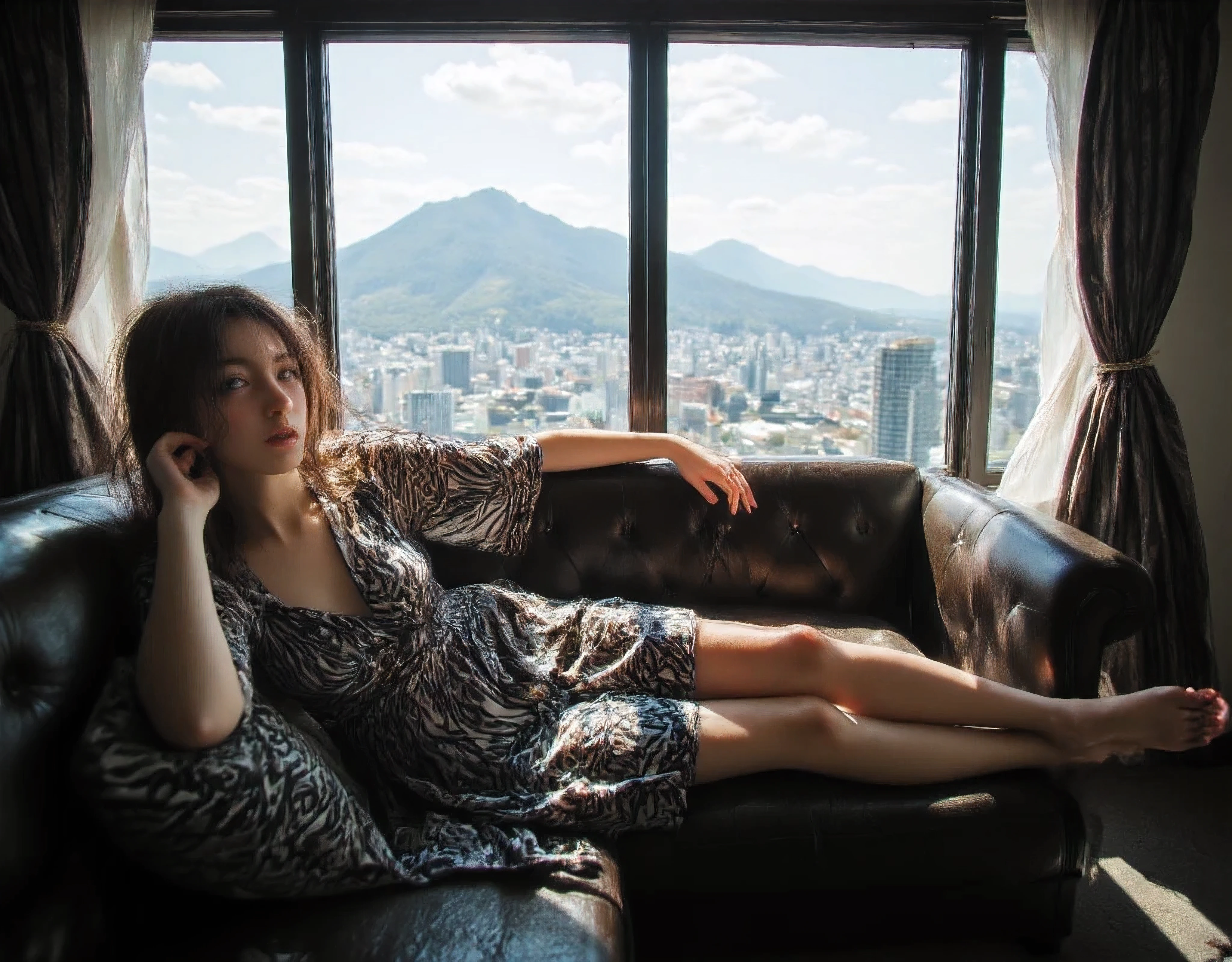 masterpiece, Top Quality,Full HD, 16k, bold pose to seduce men, accurate human body, correct human anatomy , (mountain with city in the background) (Large perky breasts) Flash photography, gyaru, Aesthetically pleasing cinematic composition, epic perspective, dramatic lighting and shadows, symmetrical and detailed, Cute girl with small perky breasts in a black and white geometric print summer dress at the veranda at her home during evening relaxing in the outdoor couch, Metro Manila, philippines, Evening, nighttime, Cute friendly side by side {x} relaxing scene , bewitching expression, Gravure Shooting , (( outdoor, living room, Old Western-style veranda big sofa )), ((((( lying down on the sofa:2.0, sexy behavior ))))), one woman :2.0, alone, Relaxed woman:1.85, Watch the Audience , (( black hair, 美しい black hair, short bob_Cover one eye, black eyes , delicate and beautiful skin, well-groomed , small nose, beautiful, carefully drawn eyes )), ( eyes without expression , shut your mouth, mature body_ high school girl :1.6, long legs ), (( abnormally large breasts , P cup breasts , she's closed her mouth )), (((( Off-the-Shoulder Outfits, オフショルダーの sweater dress, sweater dress, black long tights ))) 18 years old, Japanese, ((( highlight hairstyles that hide one eye ))), Colours of the 90s, Active Angle , anime celltone , Bright screen.