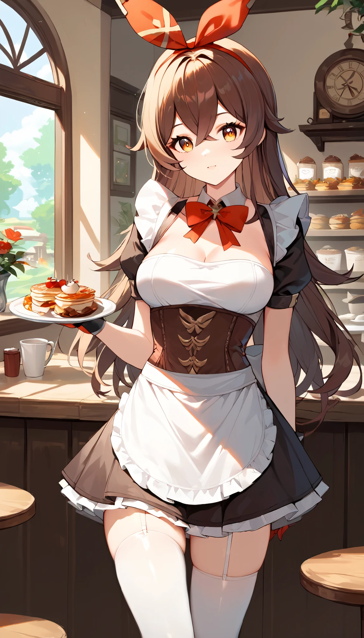 score_9, score_8_up, score_7_up,source_anime, high res image,masterpiece,best quality,girl,cute face,clear skin,amber_genshin, cafe, maid, maid apron, thigh highs