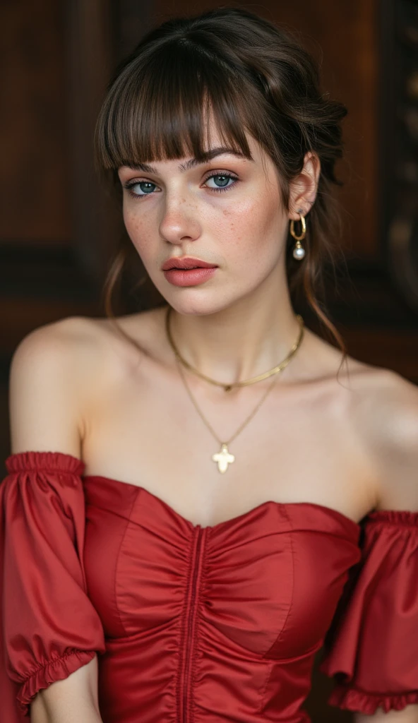 A young lady aged 16 yrs, with long red hair, wavy hair, tied in a side ponytail, with air bangs. She is wearing a red lace-up shirt. She is wearing leather pants. She has an hourglass figure. She is wearing gold earrings, and black rimmed glasses. Looking directly into the camera. She has fair skin, freckles, and braces, constricted pupils, parted lips, large breasts, perfect lips, perfect nose, cute face, baby face, Hyperrealism, cinematic lighting, jpeg artifacts, full body photo, bokeh, textured skin, UHD, best quality, masterpiece, high details
