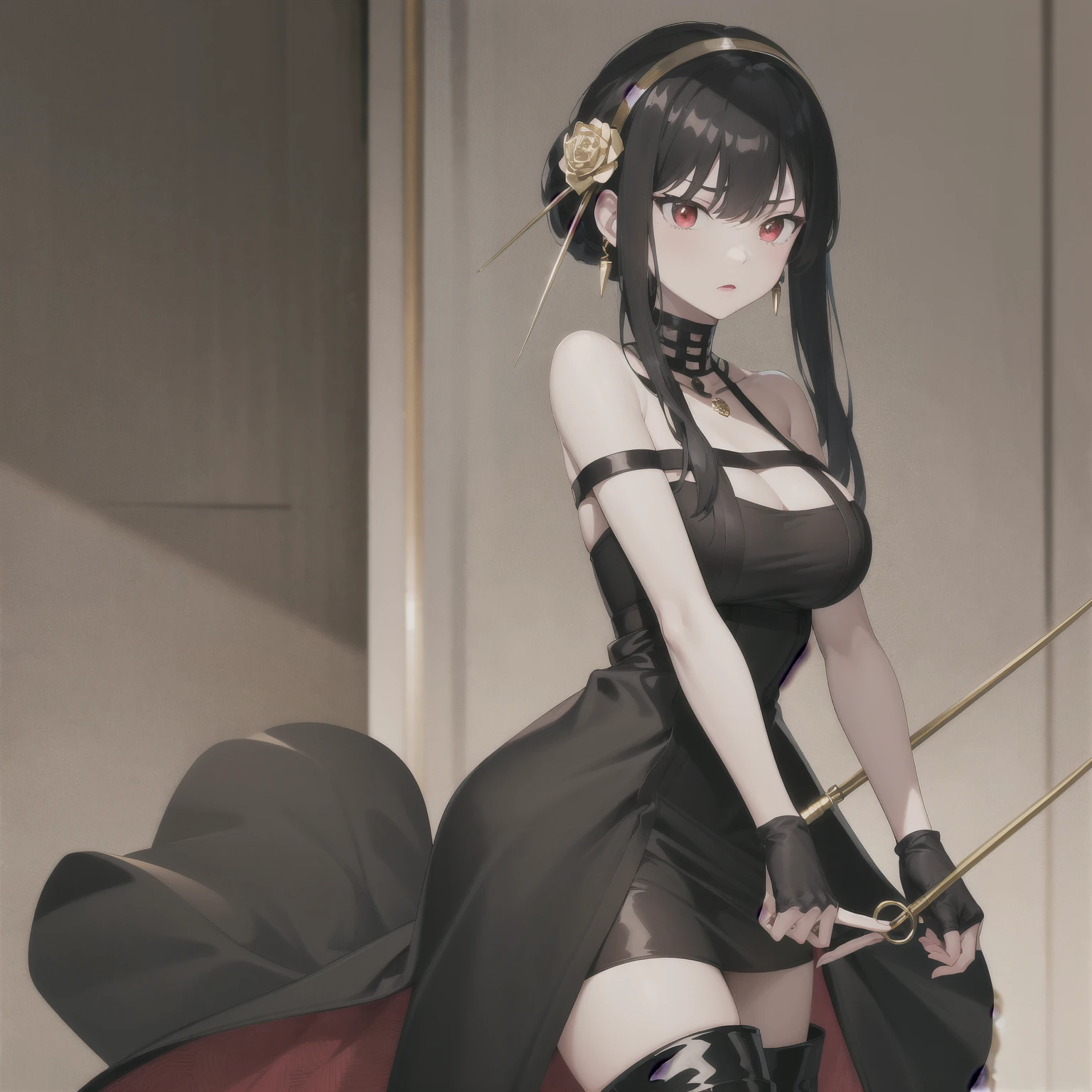 masterpiece, best quality, highres, aayorf, sidelocks, gold hairband, hair ornament, red eyes, gold earring, large breasts, choker, bare shoulders, black dress, two-sided dress, fingerless gloves, thigh boots, holding weapon, serious,