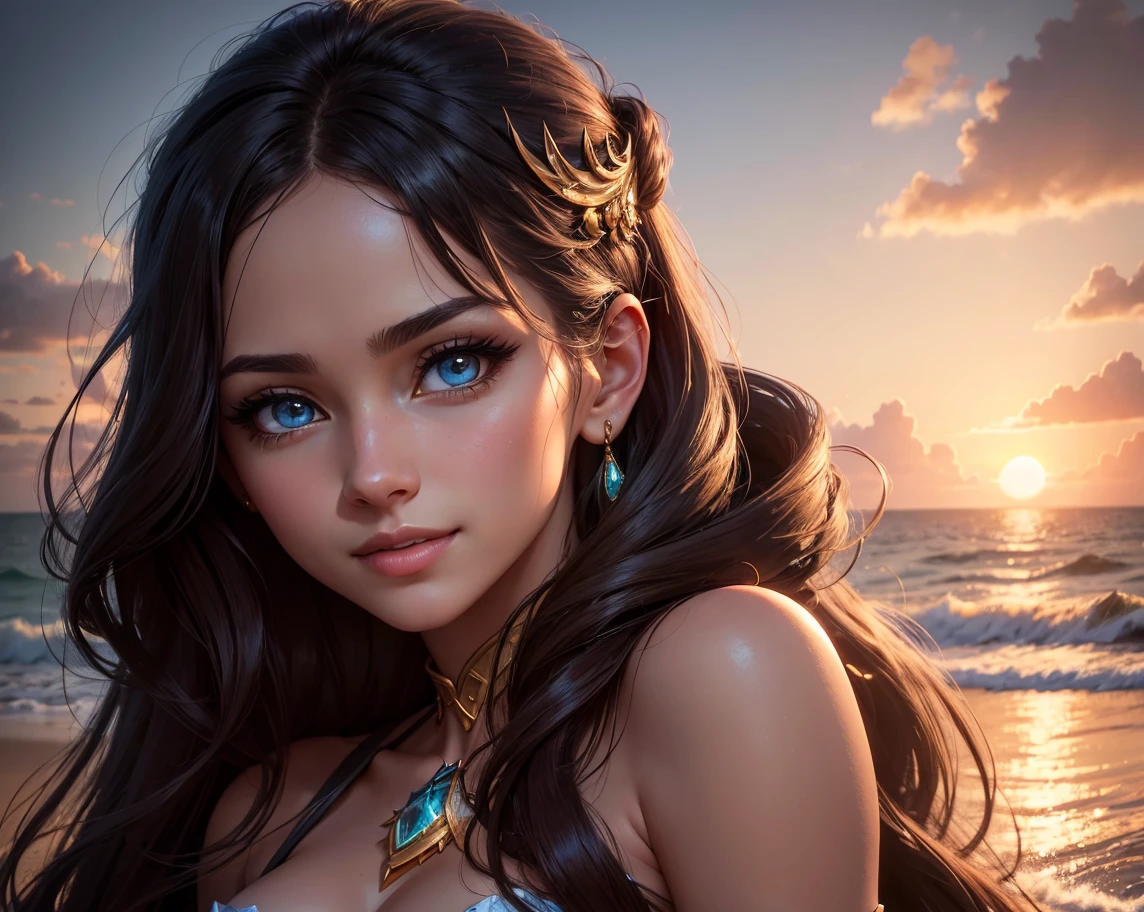 [best quality,4k,highres],(busty girl),smiling at camera,(beautiful detailed eyes,very large breasts,extremely detailed eyes and face,long eyelashes),messy hair,[micro bikini],blue eyes, earrings, necklace,[standing on tropical beach],vibrant sunset reflecting on the water, [warm colors],soft natural lighting