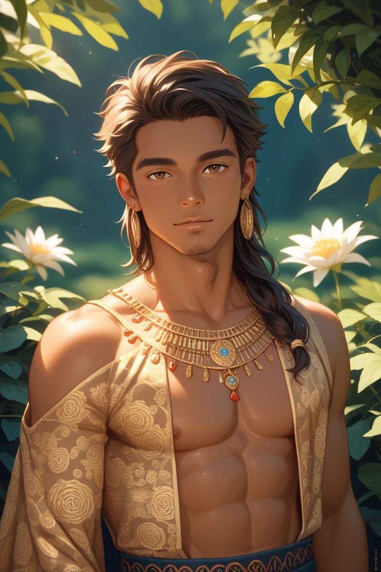 1 boy,Tall and strong,Perfect male body, eyes look at camera.(amazon indigenous male, Dark skin, primitive tattoo),Long hair, headband, feather necklace,serious expression, indigenous people, indigenous tribes, stand in forest,tropical rainforest,Ray tracing