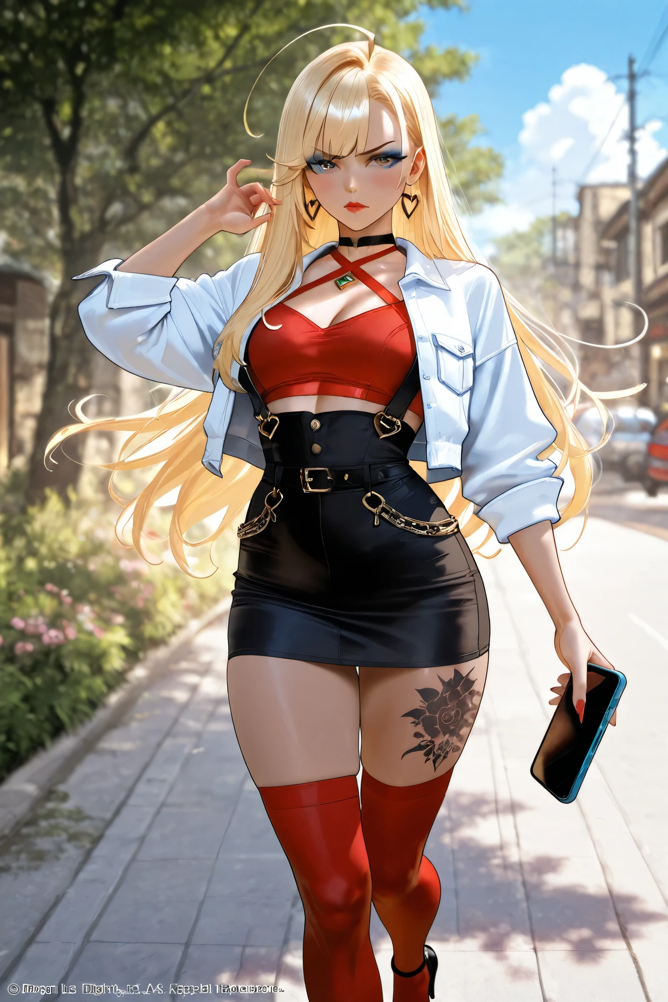 masterpiece,best quality,official art,extremely detailed CG unity 8k wallpaper, in summer, sky, girl, female, gyaru, very long hair, blonde hair, ahoge, straight hair, braid, asymmetrical bangs, hair bell, light blush, facepaint, longeyelashes, beautiful detailed eyes, serious, lipstick, red eyes, blue eyeshadow, medium breasts, jacket, crop top, miniskirt, belt, red socks, leg tattoo, bound legs, high heels, smartphone , bracelet, bell, symmetrical_hand_pose, hands up ,muscle body,muscle,