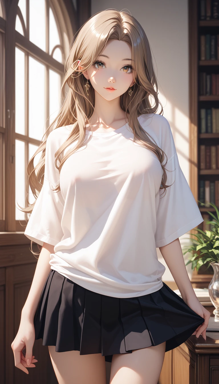 high quality、Masterpiece、Realistic、Perfect Anatomy,One Girl,Ash Blonde Hair、Very short stature,ta、zoom、cute、Grey Eyes、、Twin tails、Glasses、White T-shirt、(Gingham check culottes skirt:1.37),Red Stockings、Red Garter Belt、belly button,White Space,Black light