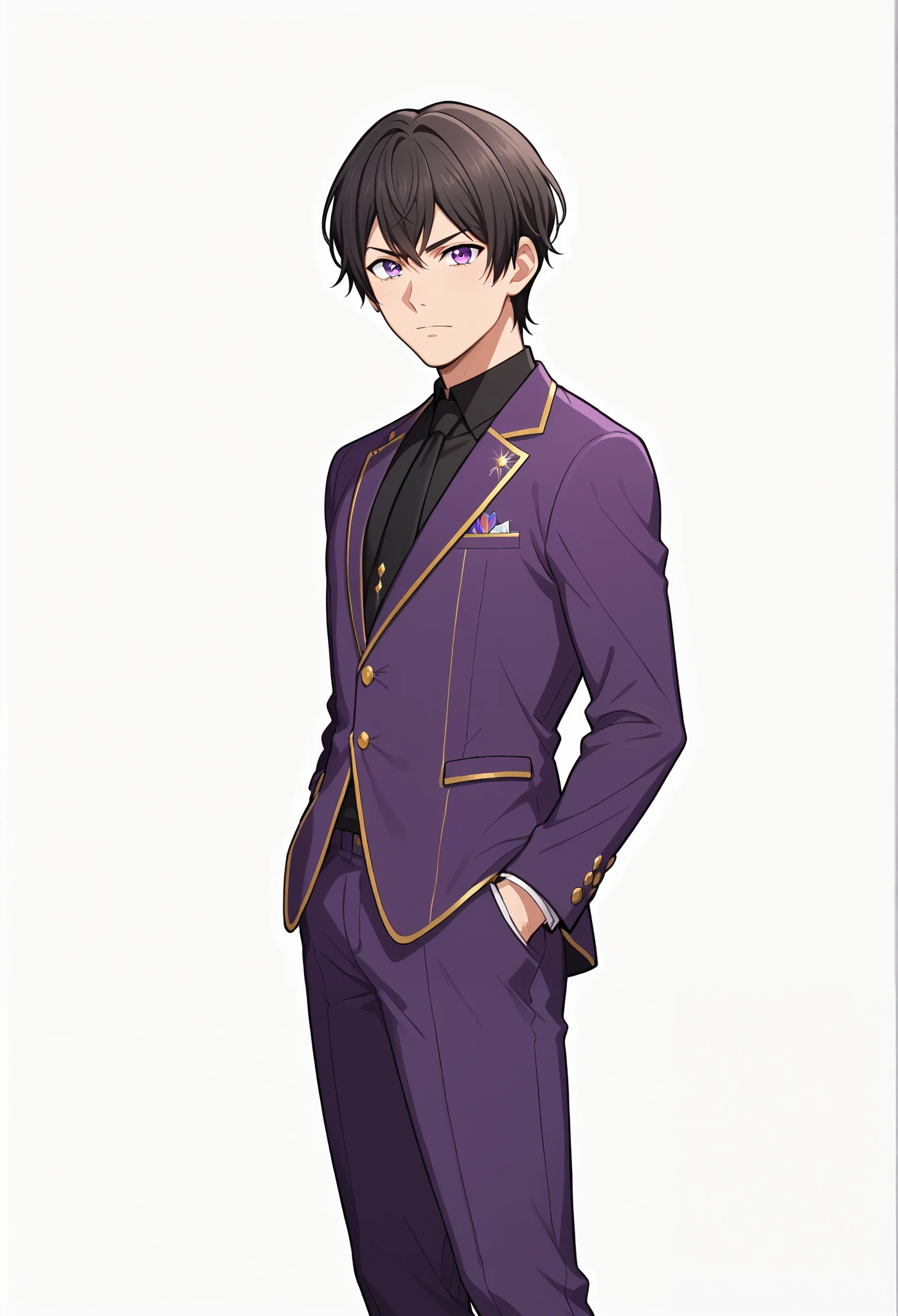 score_9, score_8_up, score_7_up, source_anime, masterpiece, anime screenshot, anime coloring, screencap, best quality, official art bang dream! official art, best quality, high quality, (Intricate detailed:1.2), (solo:1.2) BREAK, 1boy, male focus, caelus, black hair, Purple eyes, (perfect face, perfect eyes:1.2), BREAK, bishounen, handsome, MC anime, Purple pants, black shirt, Purple blazer jacket, Black tie, Levis, Cool pose, full color , standing, looking at viewer, best quality, amazing quality, very aesthetic, Simple background, white background, Up to the knees, Hands in trouser pockets, Filming location,