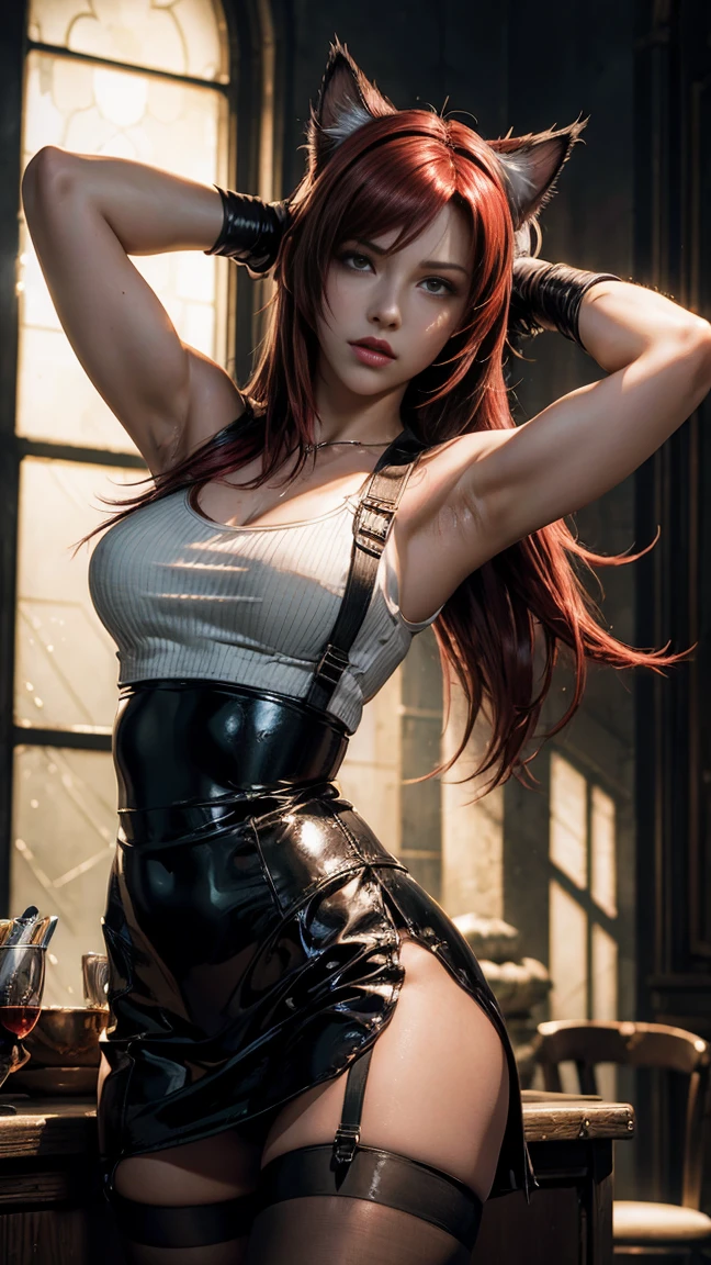 Photorealistic, Ultra realistic, 16k, high quality, cinematic lights, dream atmosphere, dream aesthetic, 1girl, scarlet-red hair, realistic silky hair(red), cute pale-turquoise eyes (shiny look), long flowing hair(realistic), gothic makeup, pale-white skin illuminated, realistic textured skin, realistic shading, alternative outfit, cleavage, large natural breasts, (black crop top:1.2), bare shoulders, black midriff, black miniskirt, realistic textures, belt, 16k resolution, detailed face and eyes, muscular female body, strong arms, lean belly, big hips, muscular thighs, thick legs, full body, realistic, style-paintmagic, different positions at different types of angles.