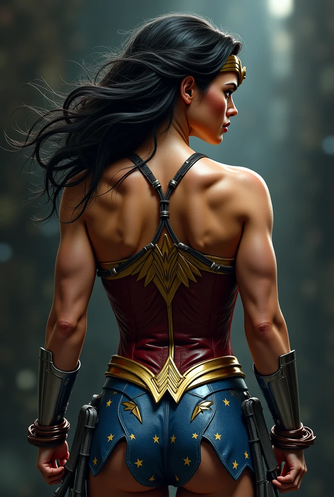 (masterpiece, highest quality),1girl ,{{depth of field}}, hyper detail, 1woman, (Victoria's Secret model Wonder Woman), Wonder Woman, full body, (full body photo: 1.5), from behind, back view, (from behind: 1.5), single, (intricate detail, makeup), (delicate and beautiful delicate face, delicate and beautiful delicate eyes, perfectly proportioned face), high detail skin, delicate skin, (delicate and radiant skin: 1.2), strong and realistic blue eyes, realistic black hair, lips, makeup, natural skin texture, Tiara, jewelry, star \(symbol\), leotard, bulletproof gauntlet, red knee-high boots, golden belt, (public attire: 1.5), bare shoulders, slightly sunburned, mature, sexy, elastic muscles, (muscle:1.2), (((strong and healthy body)), ((((more muscles))), wet body, wet hair, wet face, long legs, curved, thick thighs, wide buttocks, thin legs, (big breasts: 1.3), thin waist, soft waist, (delicate skin), (wet body: 1.0), (beautiful and sexy woman), (swollen lips: 0.9), (eyelashes: 1.2), very delicate muscle definition, breasts, solo, split, pretty face, perfect body, muscular, detailed face, realistic skin details, clear focus, realistic face, realistic skin, detailed eyes, detailed facial features, mature woman, high detail, controlled by local gangs armed with hacked police weapons such as LED panel lights, machine guns, taser shotguns, The highly detailed, flooded basement is arranged in a square shape to mimic the existing internal fixtures, ((highest quality)), ((masterpiece)), ((realistic)), (detailed), backlighting, reflection light, complex and highly detailed, sharp focus, partially underwater shots,