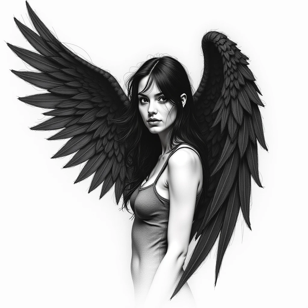 a fallen angel with sad expressions, line art style, black and white, white background, no background