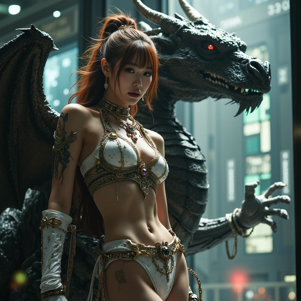 超A high resolution、An ultra-high picture quality、8K、Detailed details、marvelous expression、Beautiful slender woman、Dragon monster joins.、to fight enemy tiger monster、Monster Hunter Character Costumes、Vast desert background、