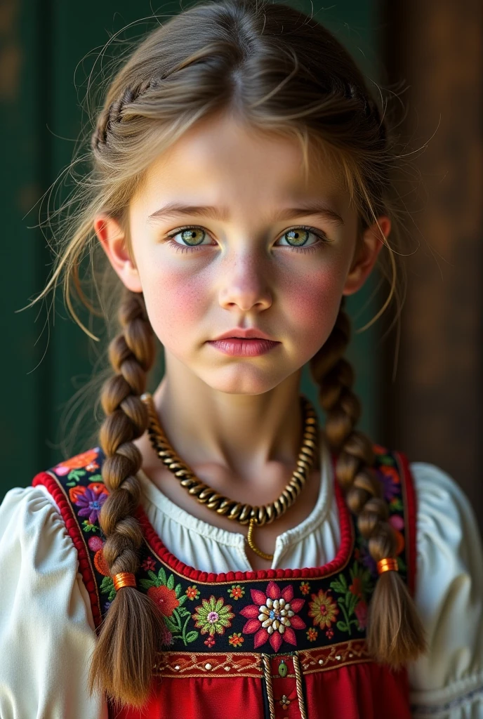 Uzbek about 1, green eyes, in uzbek national clothing, small lips and oval face shape, dark blonde, wavy hair, slightly small eyes