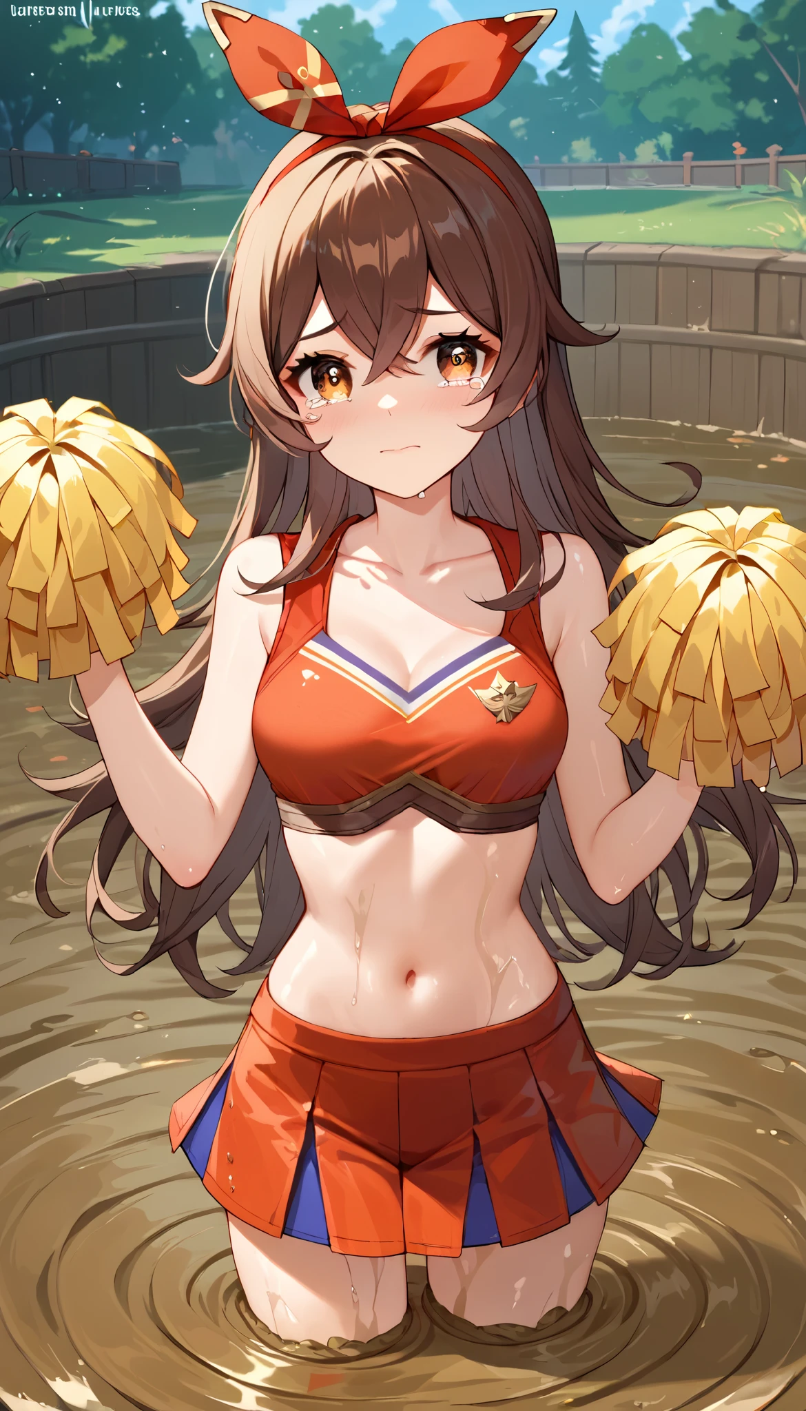 score_9, score_8_up, score_7_up,source_anime, high res image,masterpiece,best quality,girl,cute face,clear skin,amber_genshin, cheerleader, collarbone, standing, (quicksand, partially submerged), tears in her eyes