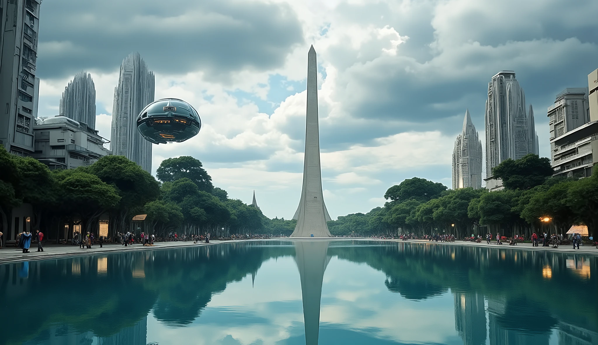 The Washington obelisk and lake in the future year 2500  surrounded by skyscrapers and flying vehicles, ethereal atmosphere, dramatic lighting, vibrant colors, (best quality,4k,8k,highres,masterpiece:1.2),ultra-detailed,(realistic,photorealistic,photo-realistic:1.37)