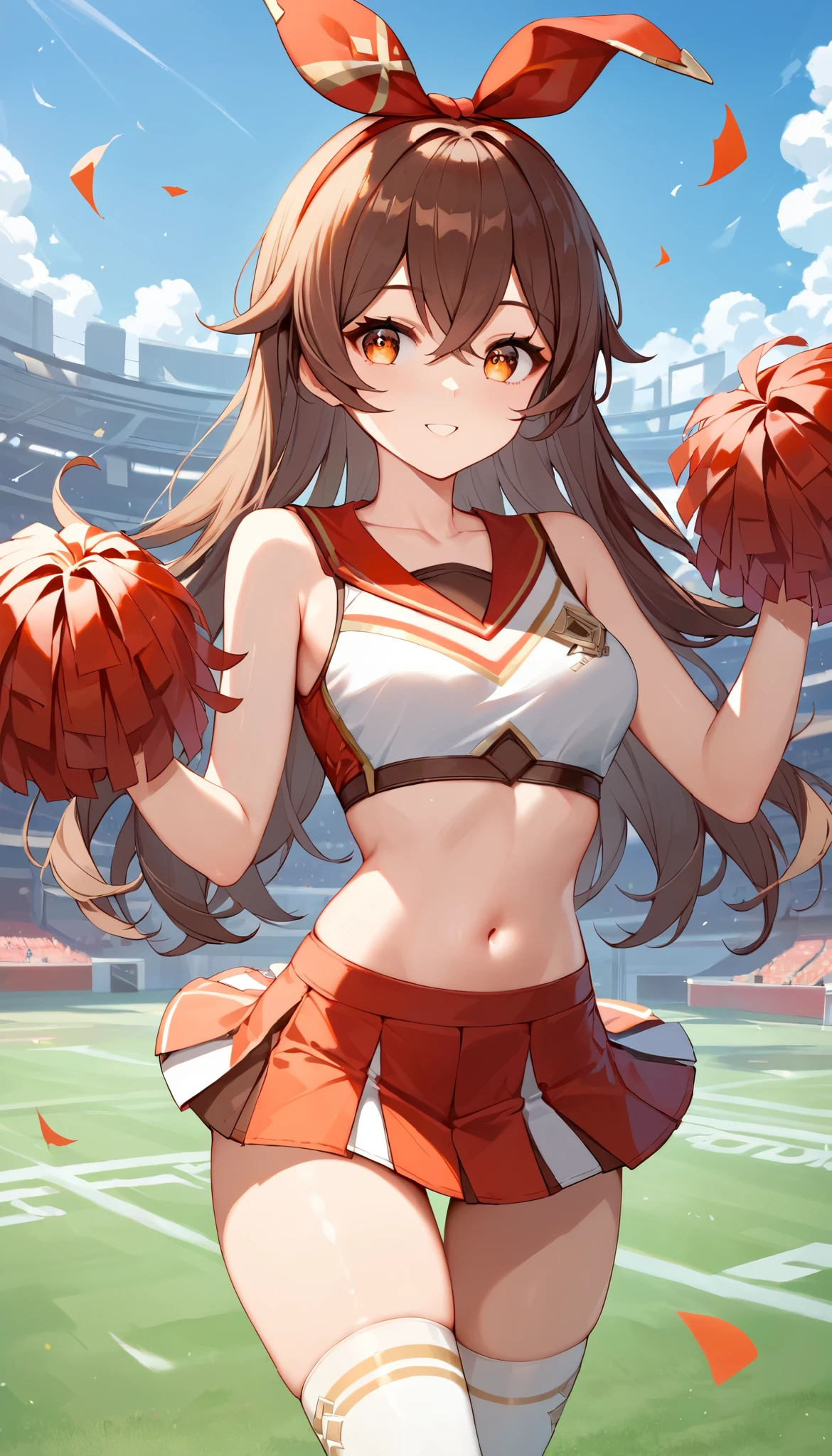score_9, score_8_up, score_7_up,source_anime, high res image,masterpiece,best quality,girl,cute face,clear skin,amber_genshin, cheerleader, midriff, collarbone, thigh socks