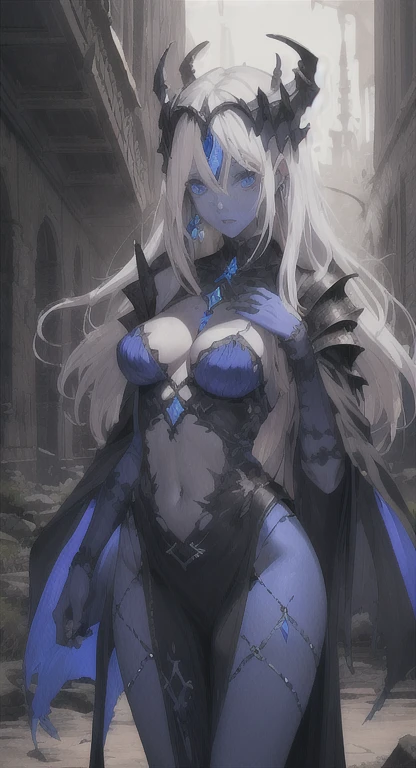 (1MILFWoman)(chest covered)(smile) grayscale skin, pale golden hair and violet eyes. She prefer clothing of white and silver with cloaks of deep blue, blue or purple background (Masterpiece, highres, 4k, very precise detailed)