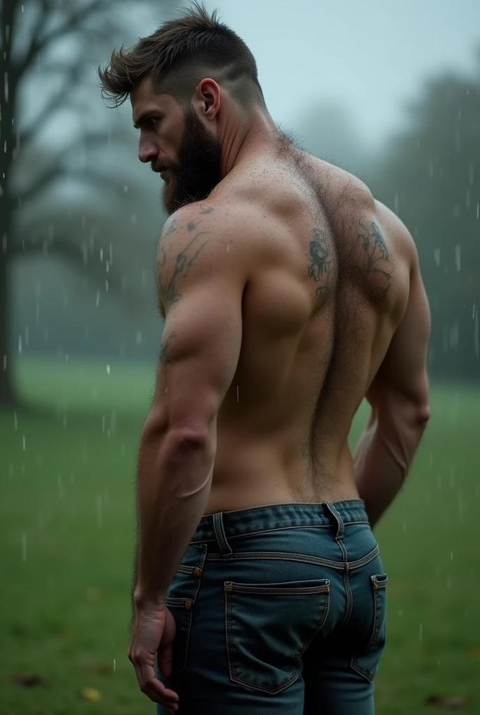 A portrait of characters [muscular middle-aged man from the Soviet Union, hairy body, Alpha male, huge biceps, defined abs, woolly fur, elegant, Jeans, black hood, White shoes, seductive smile, My hero] Autumn Park, 4k, high detailed, beautiful, Dark Age, arte de Stanley artgerm, by Daniel F. Gerhartz, by Pino Daeni, Very detailed, Sharp focus. Backside man backside