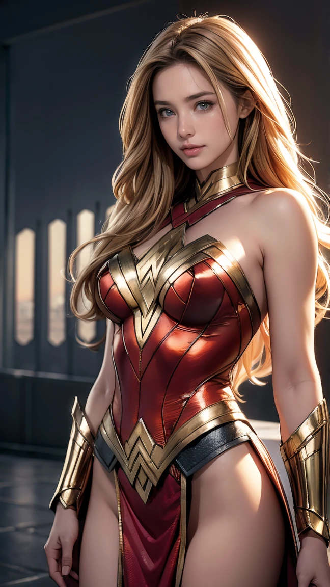 (Highest quality,4K,High resolution:1.2),Very detailed,(Realistic:1.37),Beautifully structured scenes,Dramatic lighting, Wonder Woman from a close-up shot in DC, Twisted space, twisted undead in the background,lens blur,Light Shaft, intricate and complex details, Volumetric lighting, 4K Rendering, Stock Photo, hyperRealistic texture, HDR lighting effects, Unreal Engine,SHY SMILE,Standing gracefully、Blonde long hair、Long hair that reaches down to the toes、Removing the bulletproof guard from the hand、Removing the bulletproof guard from the left hand with the right hand、Undressing、Removing the hand attachment