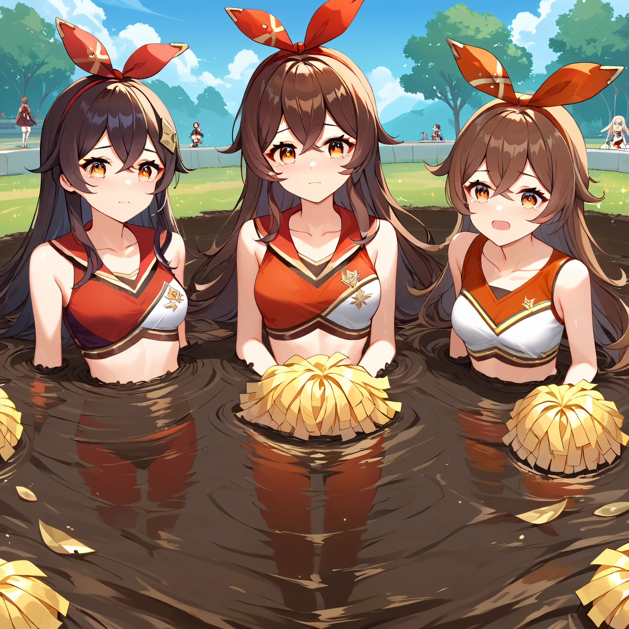 score_9, score_8_up, score_7_up,source_anime, high res image,masterpiece,best quality, mutiple girls, (3 girls),cute face,clear skin,amber_genshin, cheerleader, collarbone, standing, (quicksand, partially submerged), tears in her eyes