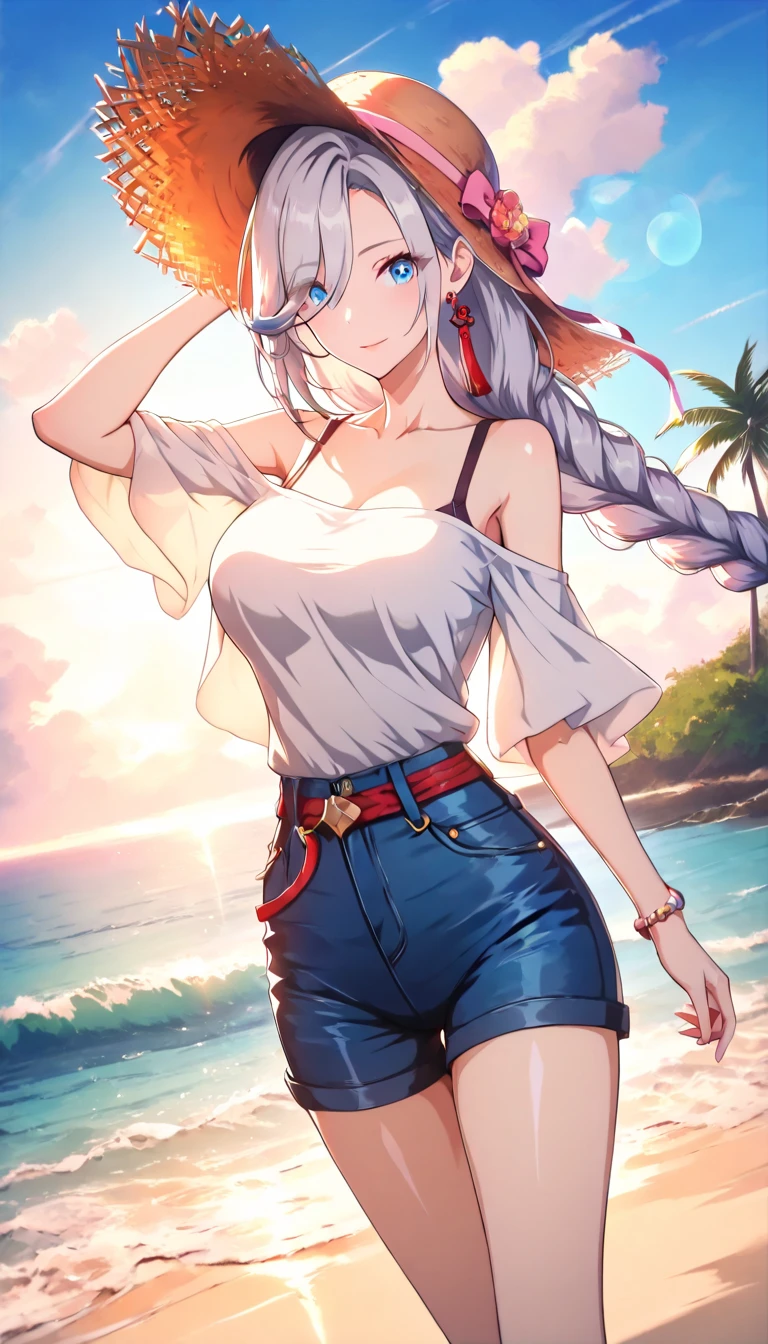 masterpiece, ((ultra detailed background, delicate pattern, intricate detail)), (highly detailed, fine details), best quality,beautiful lighting, (((medium breasts, slim girl, very slim girl))), (close-up, portrait), YamatoV2, long hair, 1girl, horns, white hair, solo, oni, red horns, curled horns, hair ornament, (multicolored horns), jewelry, earrings, jeans, t-shirt, round neck, outdoors, cowboy shot, hair stick, aqua hair, sidelocks, hoop earrings, hakama, smile, wide smile, ((orange eyes)), complex detailed background, outside, nature environment, rocks, sunny, blue sky, sky,