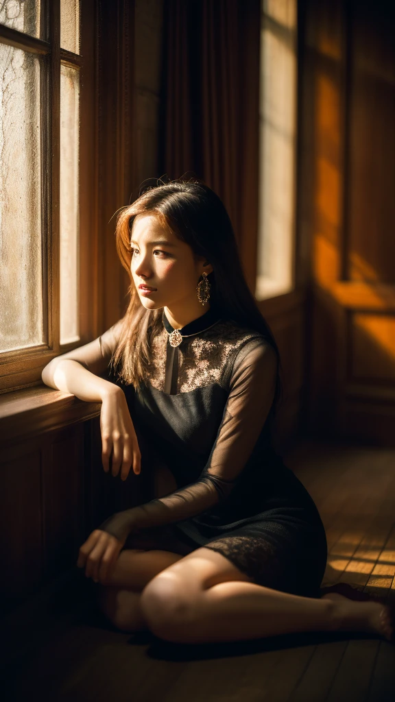 Girl with mysterious atmosphere.
old wooden room, sunset through window, dusty light particles, girl sitting on floor, old dress, lace collar, black ribbon, long black hair, blank expression, looking at me, ennui, decadent beauty, chiaroscuro, Rembrandt lighting, film grain, hi-res, 8k, masterpiece Top quality, Super detail, (Gwais style:1.2), (John William Waterhouse style:1.1)