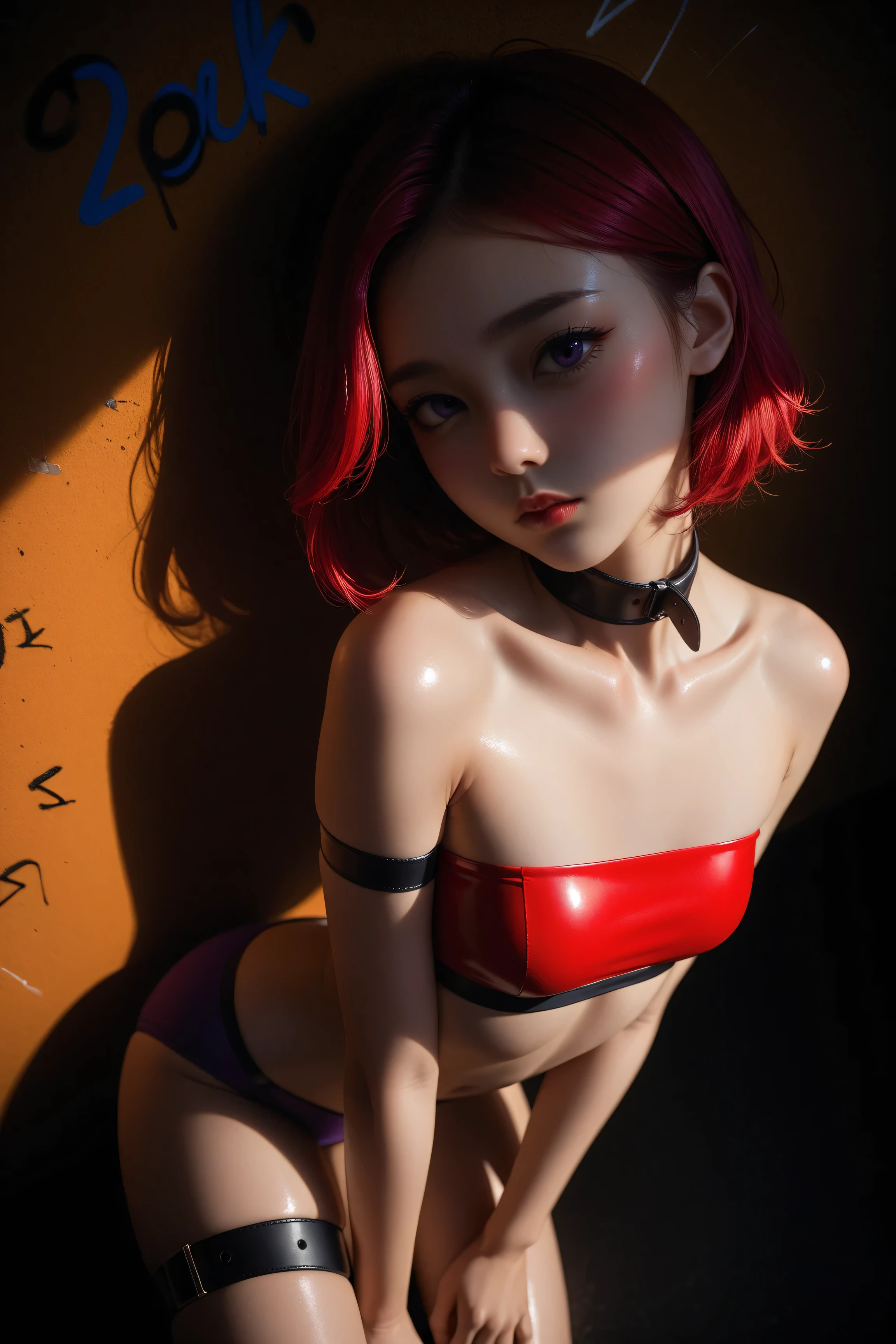 young korean girl, red hair, purple eyes , solo, tight red metallic tube top, tight purple panties, choker, graffiti paint splatter, slouching, leaning back, sexy, against wall, looking at viewer, armband, thigh strap, streaked hair, paint on body, upturned eyes, head down, head tilt, from above, bored, expressionless, sideboob, small breasts, shiny skin, heavy blushing, body blush,