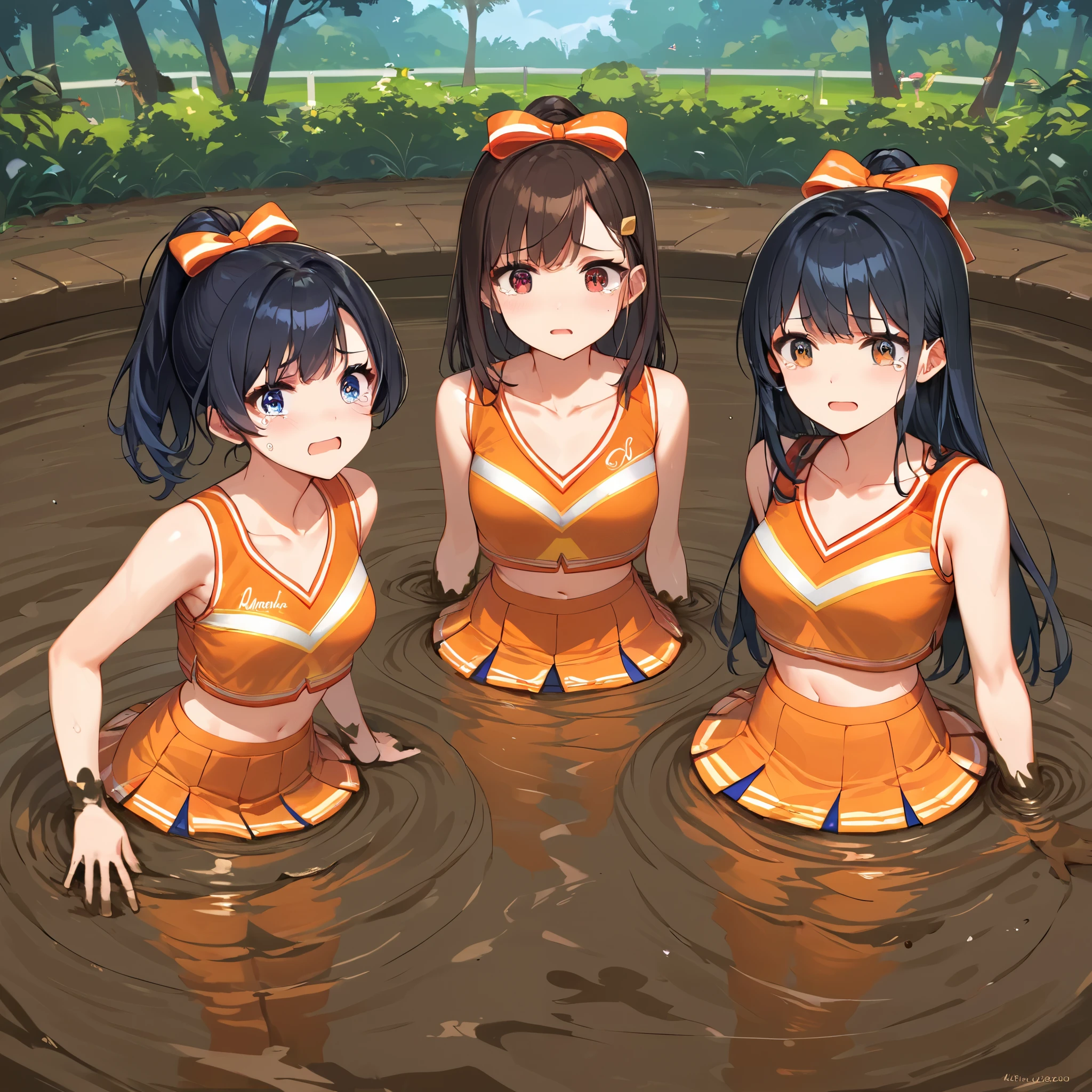 score_9, score_8_up, score_7_up,source_anime, high res image,masterpiece,best quality, mutiple girls, (3 girls),cute face,clear skin, cheerleader, collarbone, standing, (quicksand, partially submerged), tears in her eyes