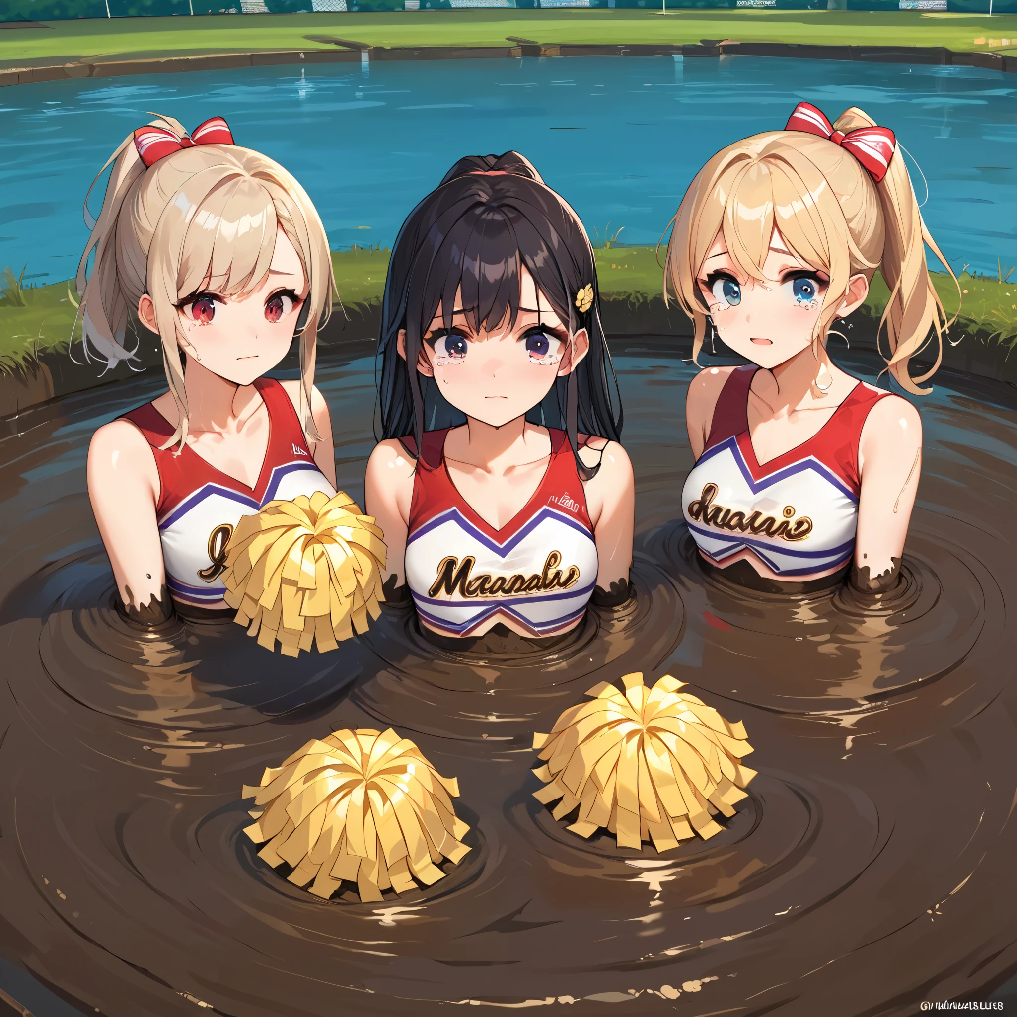score_9, score_8_up, score_7_up,source_anime, high res image,masterpiece,best quality, mutiple girls, (3 girls),cute face,clear skin, cheerleader, collarbone, standing, (quicksand, partially submerged), tears in her eyes
