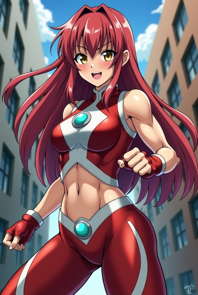 Description:
Kasumi is an imposing-looking Saiyan warrior who stands out for her extravagant and striking hairstyle., characteristic of 80s fashion. Her long, silky hair is styled in a large voluminous mane with spike-shaped strands that give her a rebellious and bold air..
Wear a tight, shiny battle suit, adorned with metallic details and exaggerated shoulder pads that reflect the futuristic aesthetic of the era. Kasumi wears fingerless gloves and high boots with details in bright shades of pink and purple, vibrant colors that contrast with her caramel skin and intense amber eyes.