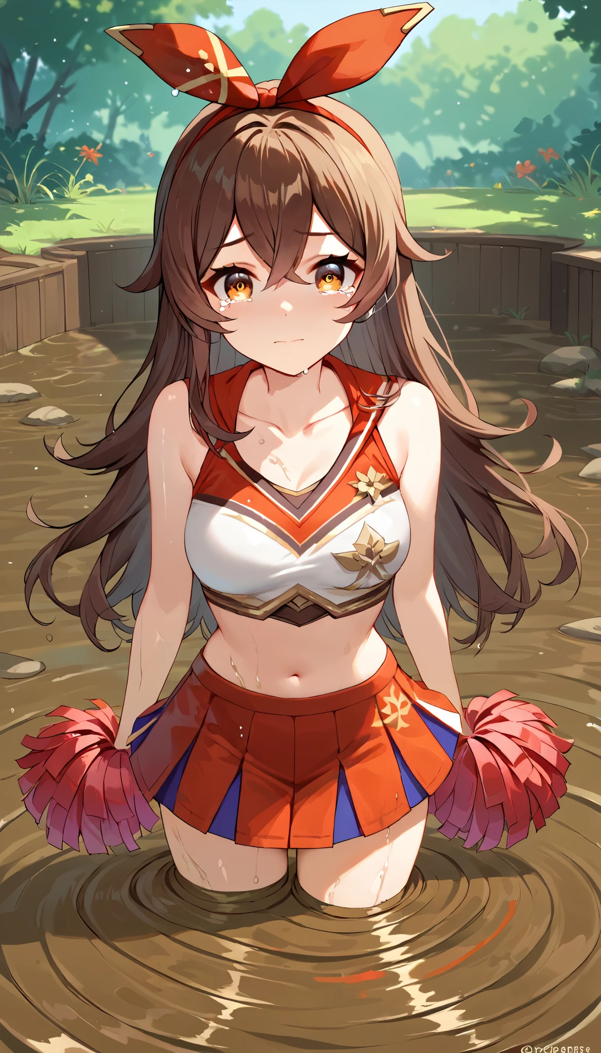 score_9, score_8_up, score_7_up,source_anime, high res image,masterpiece,best quality,girl,cute face,clear skin,amber_genshin, cheerleader, collarbone, standing, (quicksand, mostly submerged), tears in her eyes