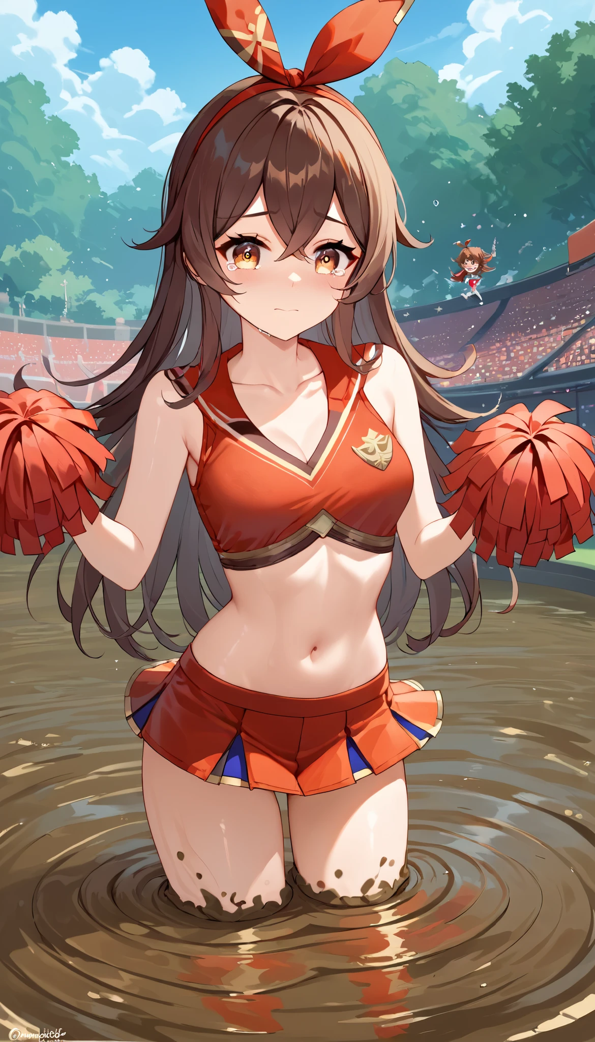 score_9, score_8_up, score_7_up,source_anime, high res image,masterpiece,best quality,girl,cute face,clear skin,amber_genshin, cheerleader, collarbone, standing, (quicksand, mostly submerged), tears in her eyes