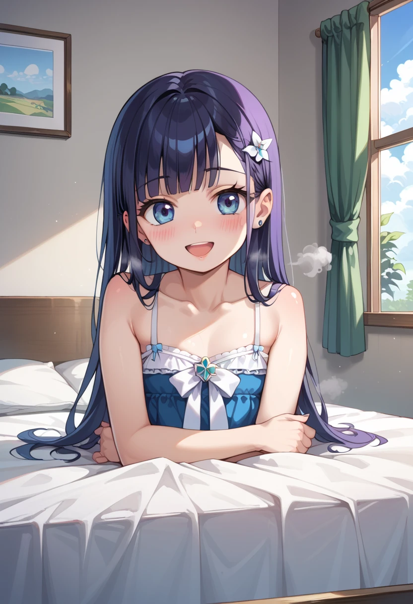 ((Best Quality)), ((masterpiece)), (be familiar with), perfect face, indoors, bedroom, watching viewers,
One woman, Gamemun Neko ,
open mouth, steam clouds drift, blush, smile,
small tits, flat chest, Young girl, lori, , girl,
long hair, long hair,
open,