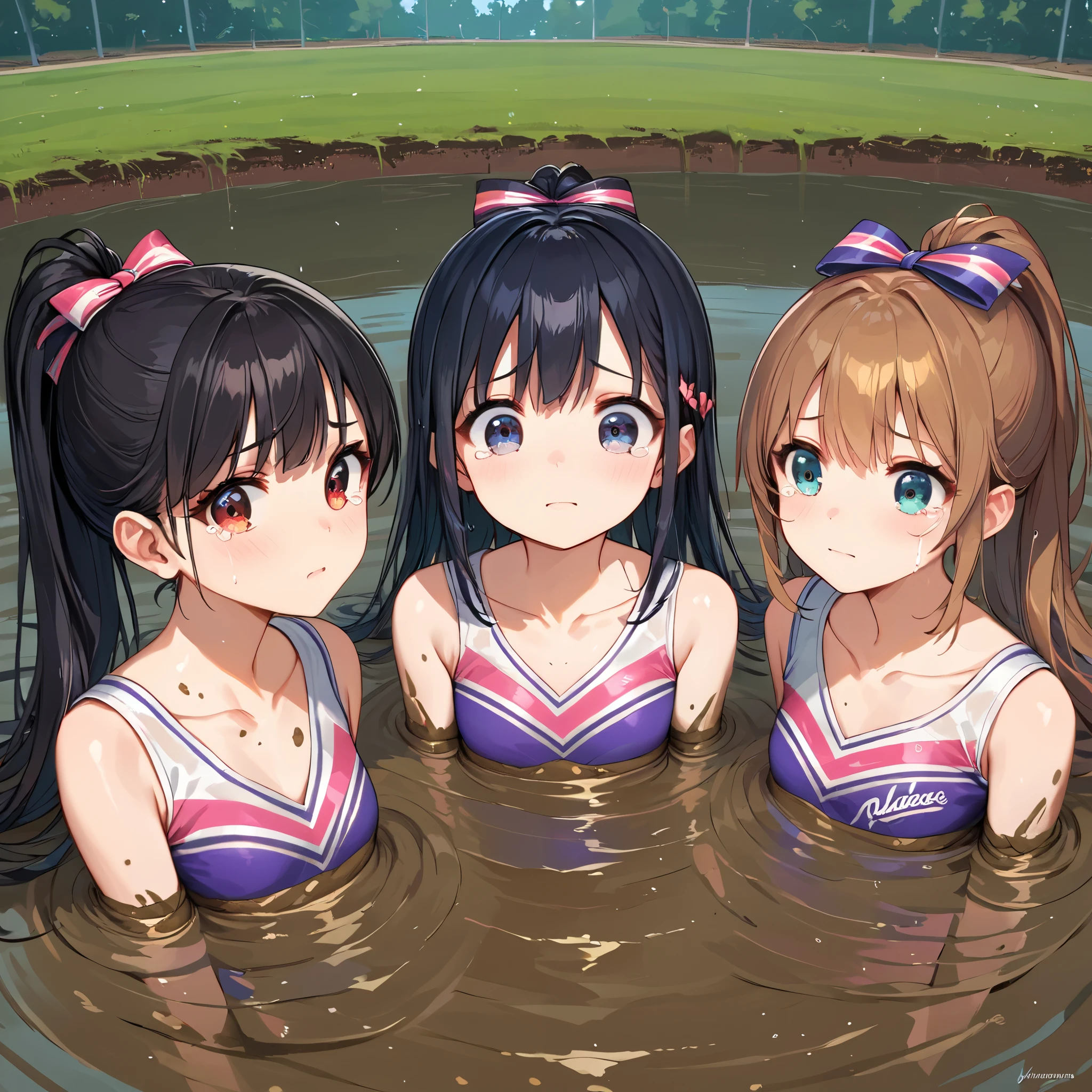 score_9, score_8_up, score_7_up,source_anime, high res image,masterpiece,best quality, mutiple girls, (3 girls),cute face,clear skin, cheerleader, collarbone, standing, (quicksand, partially submerged), tears in her eyes, (facing each other)