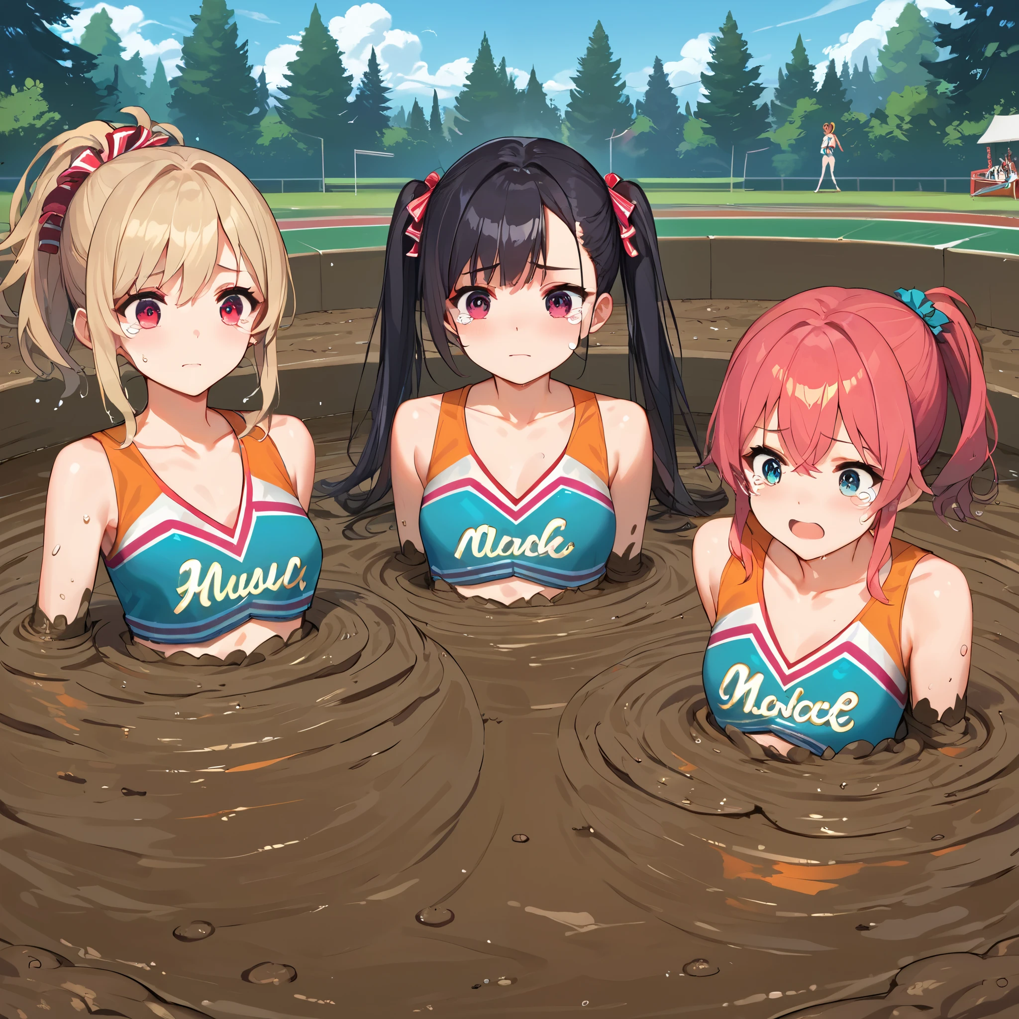 score_9, score_8_up, score_7_up,source_anime, high res image,masterpiece,best quality, mutiple girls, (3 girls),cute face,clear skin, cheerleader, collarbone, standing, (quicksand, partially submerged), tears in her eyes, (facing each other)