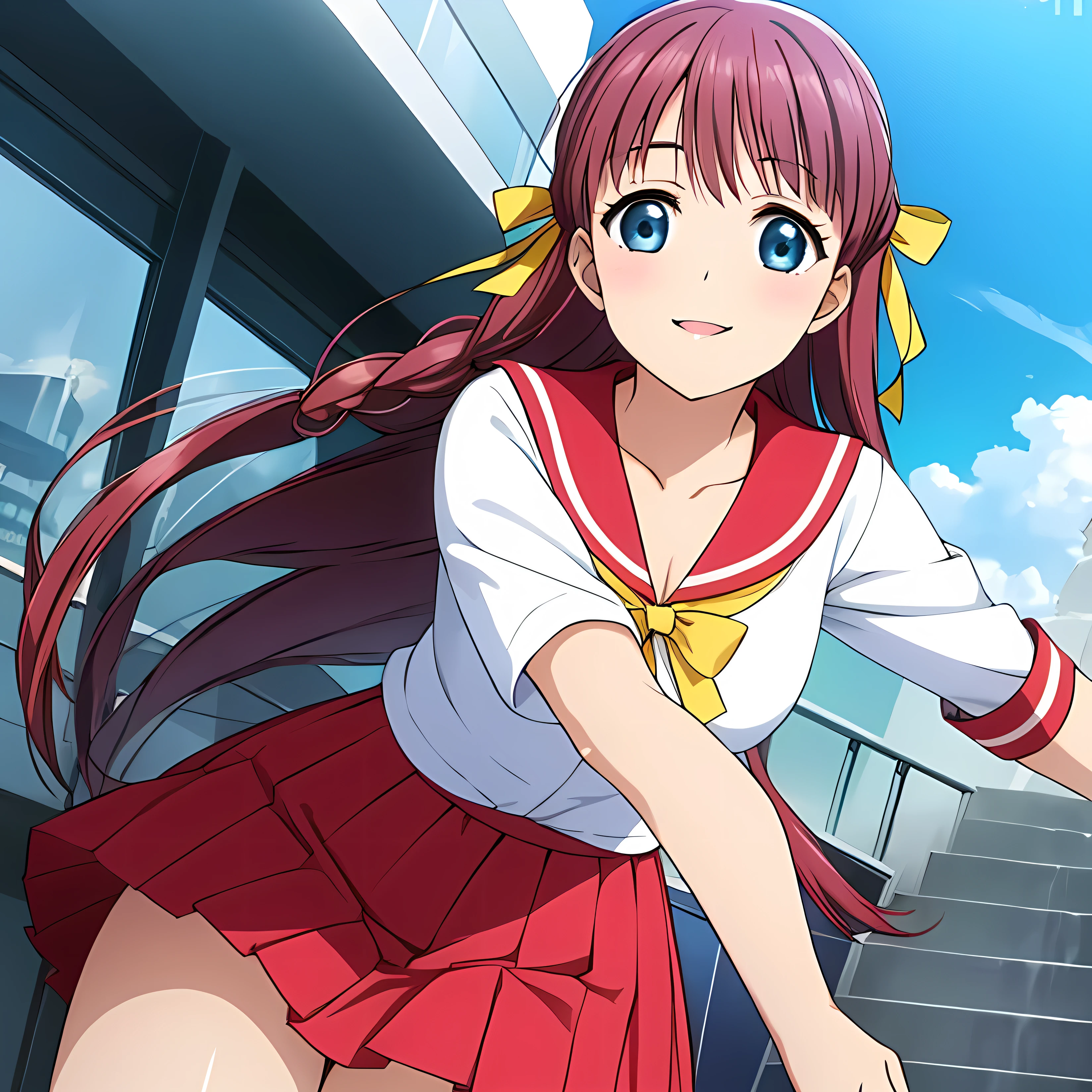 (highest quality, masterpiece:1.2), highest quality, High resolution, 1080p, 8K, CG of the heroine of a beautiful girl game, Height: 158cm, 14A -old anese fashion model falls from the sky with a cute and elegant smile, A face as elegant as a princess, Glossy lips, Even bangs, Double, Long eyelashes, Big Blue Eyes, The very large and thick yellow ribbon bowtie is very cute., Beautiful, shiny red long hair, A neat red pleated skirt that reaches down to the knees, ((A pink sailor suit with a red collar)), Ribbon in hair, Thick calves, Tight waist, The navy blue pleated skirt falls down, Approaching the viewer with open arms, Shooting from below