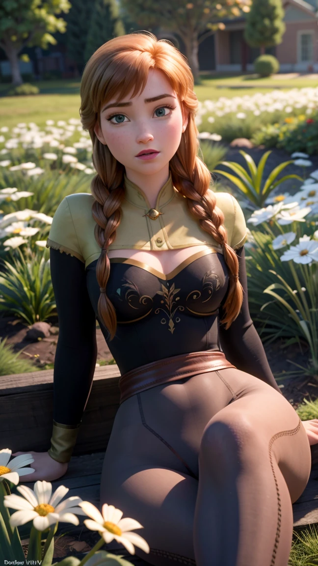 woman, ((Masterpiece, best quality)), full body view, bursting huge breasts, detailed skin, Anna from Frozen as a forest ranger, on a path in the forest, glowing eyes from the bushes, Elegant ranger outfit, highly detailed, cinematic lighting, ultra realistic, blush, looking at viewer, anna, anna from movie Frozen.