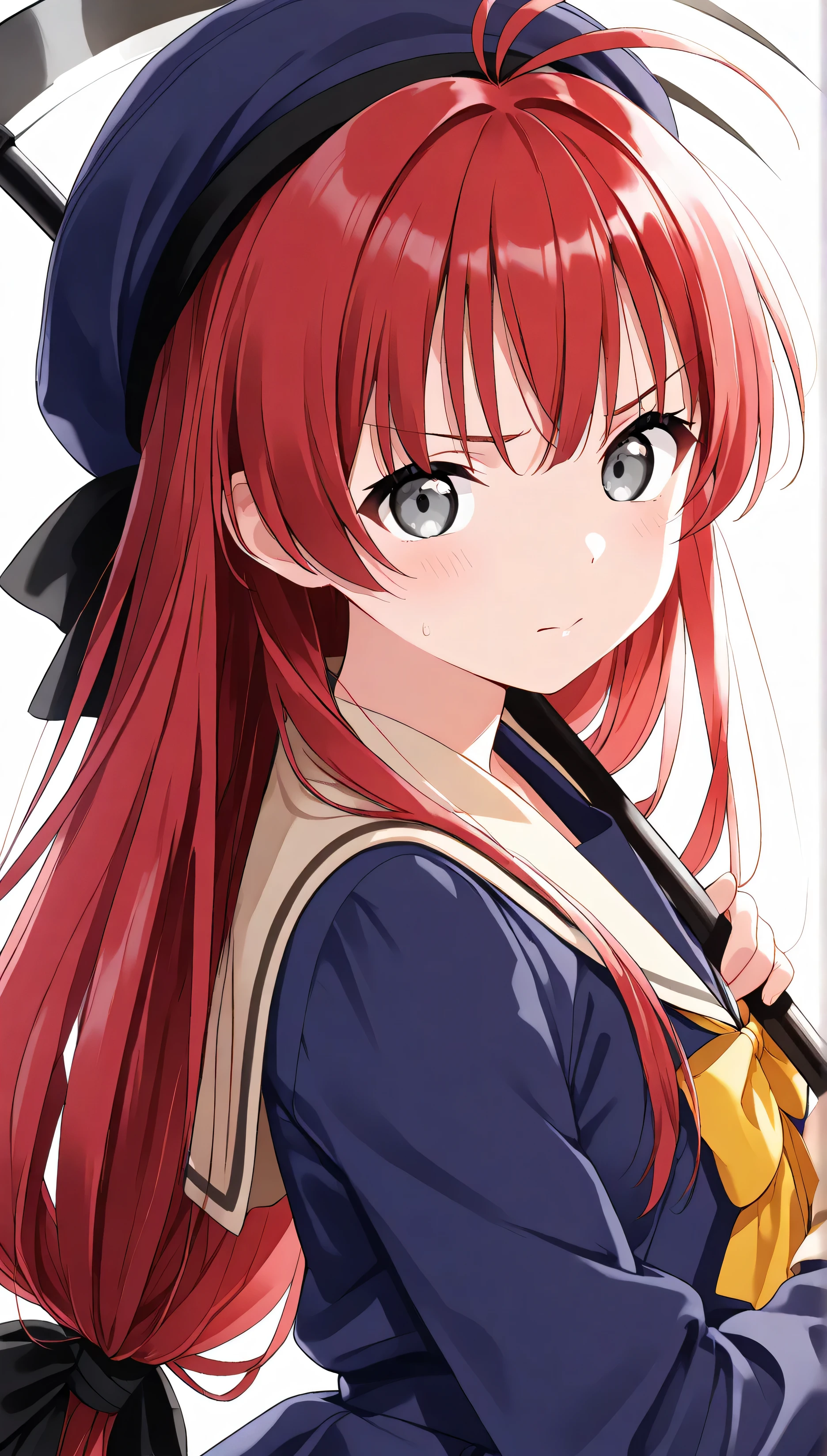 Watanabe Mingfu, portrait, throw, bokeh processing:1.3、big scythe, holding scythe、scased, upset、mainami _yuuki, grey eyes, red hair, long hair, very long hair, low-tied long hair, single tied hair, antenna hair, hat, school uniform, beige sailor collar, blue dress, yellow bow, long sleeves, black frills, cute face, high definition , masterpiece, pictures of girls ,beautiful face