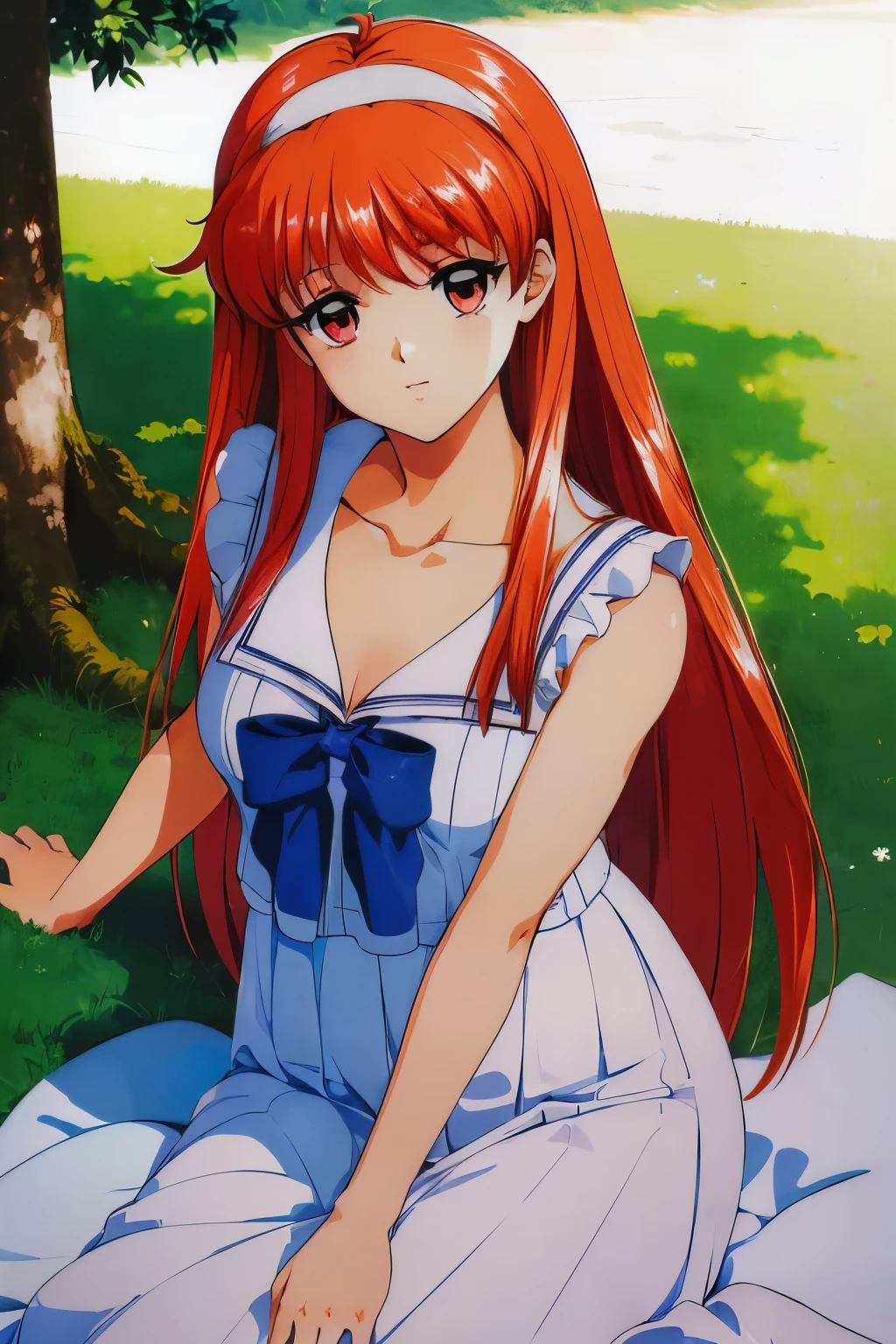 (((masterpiece, Best Quality, Hi-Res, 超 Hi-Res, Perfect Pixel , written border depth , 4K, , Hi-Res))), FujisakiShiori, 1 girl, single, Alone, Beautiful Anime Girl , Beautiful Art Style , Anime Characters, ( open lips:1), ( is embarrassing:1.2), ((Long Hair, bang, Red Hair, headband)), ((red eyes:1), Round eyes, beautiful eyelashes , Real Eyes ), (detailed face, blanking as desire:1.3), ( smooth texture:0.75, Realistic texture:0.65, photorealistic :1.1, anime CG style), big breasts at the temple, (Looking at the viewer, face), perfect body , (clavicle, Blue Serafuku , The bow ), ( under the big tree:1.5), Outdoor:1.2, ( shiny hair:1.2), (shiny skin:1.5),