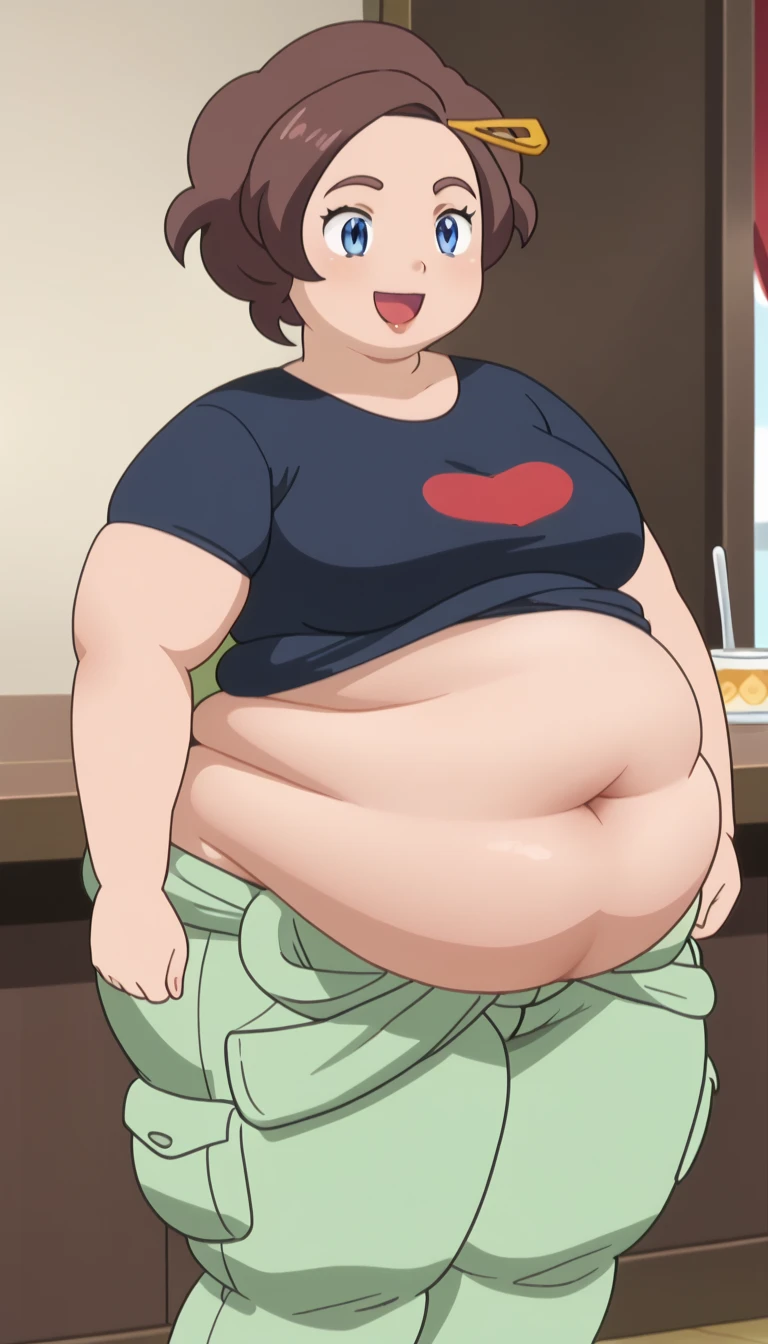 Shaqi,1 girl,brown hair,short hair,blue eyes,shirt,green pants,anime screencap,score_9, Simple background , fat peso, overweight, immobile by the weight, exposed belly , fatnavel , round belly fat peso, overweight, immobile by the weight, exposed belly , fatnavel , round belly , smile, mouth shut